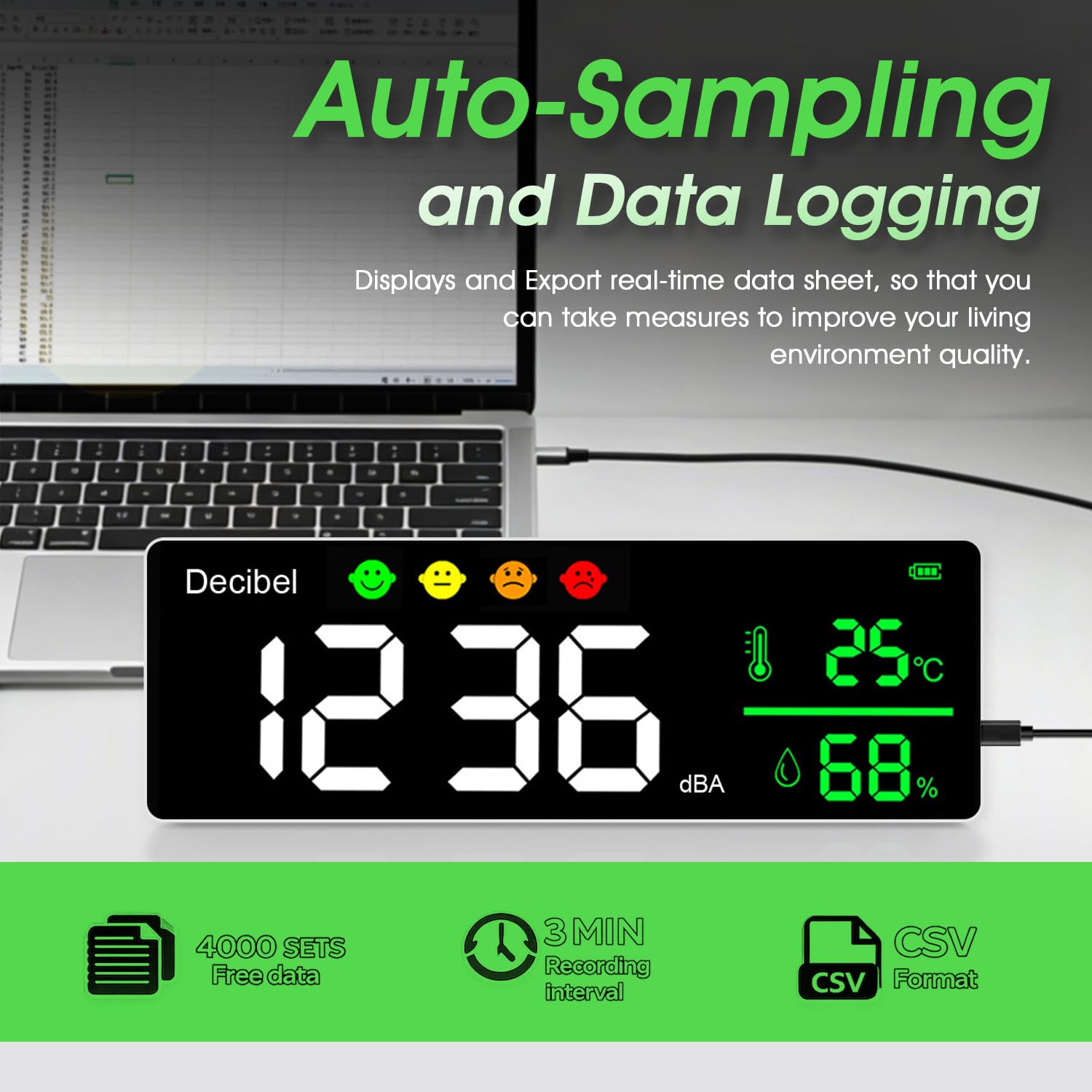 Schallpegelmesser mit Datenaufzeichnung, Digitales Lärm Dezibel Messgerät 30-130 dBA, Temperatur Feuchtigkeit Monitor, Type-C Export, Alarmfunktion für Arbeitsplatz, Industrie, Haushalt