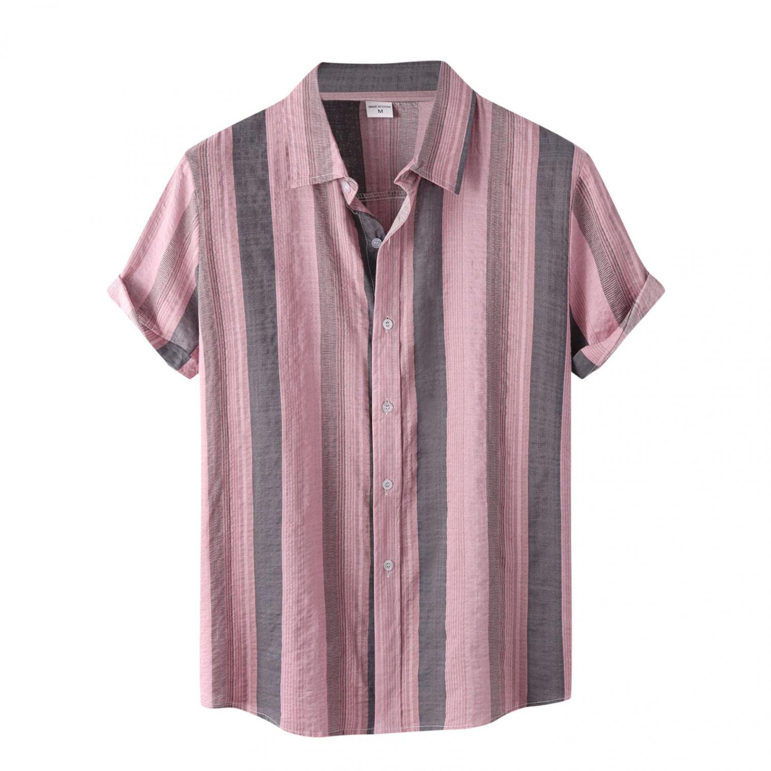 Cenlang Camisas tropicales de verano para hombre, de lino, casual, para playa, vintage, estampado a rayas, manga corta, con botones, camisas hawaianas Aloha