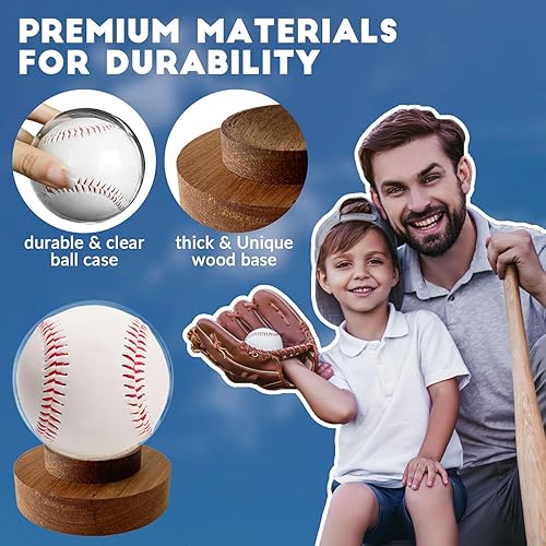 Miniatura 5 de JupDec Estuche de exhibición de béisbol, soporte redondo transparente para pelotas con base de madera, caja de soporte de béisbol con autógrafo para