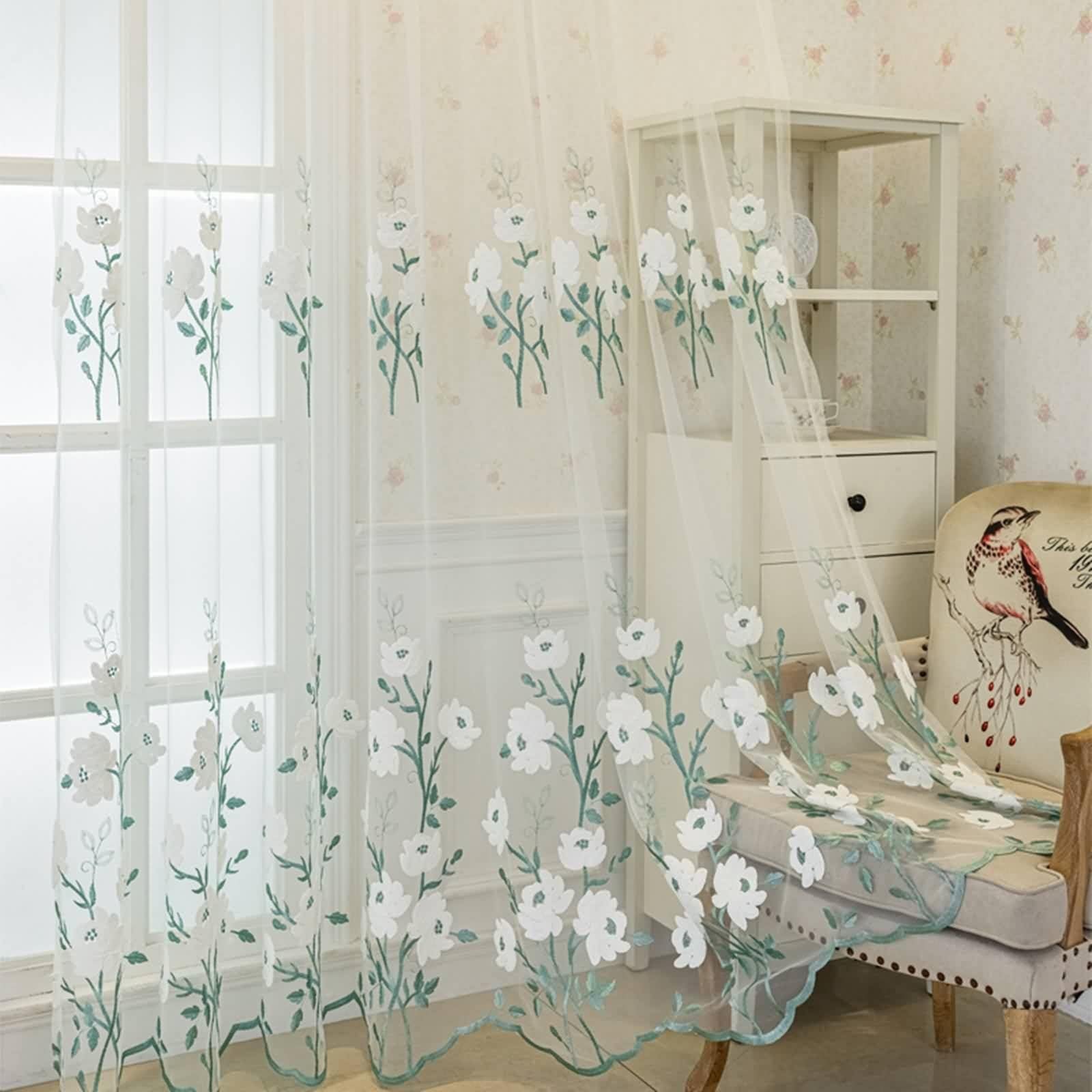 Gardinen Vorhänge, Küchenvorhang Modern Grün Weiß mit Häkelblume Polyester für Schlafzimmer Wohnzimmer 2er Set 86x138cm BxH
