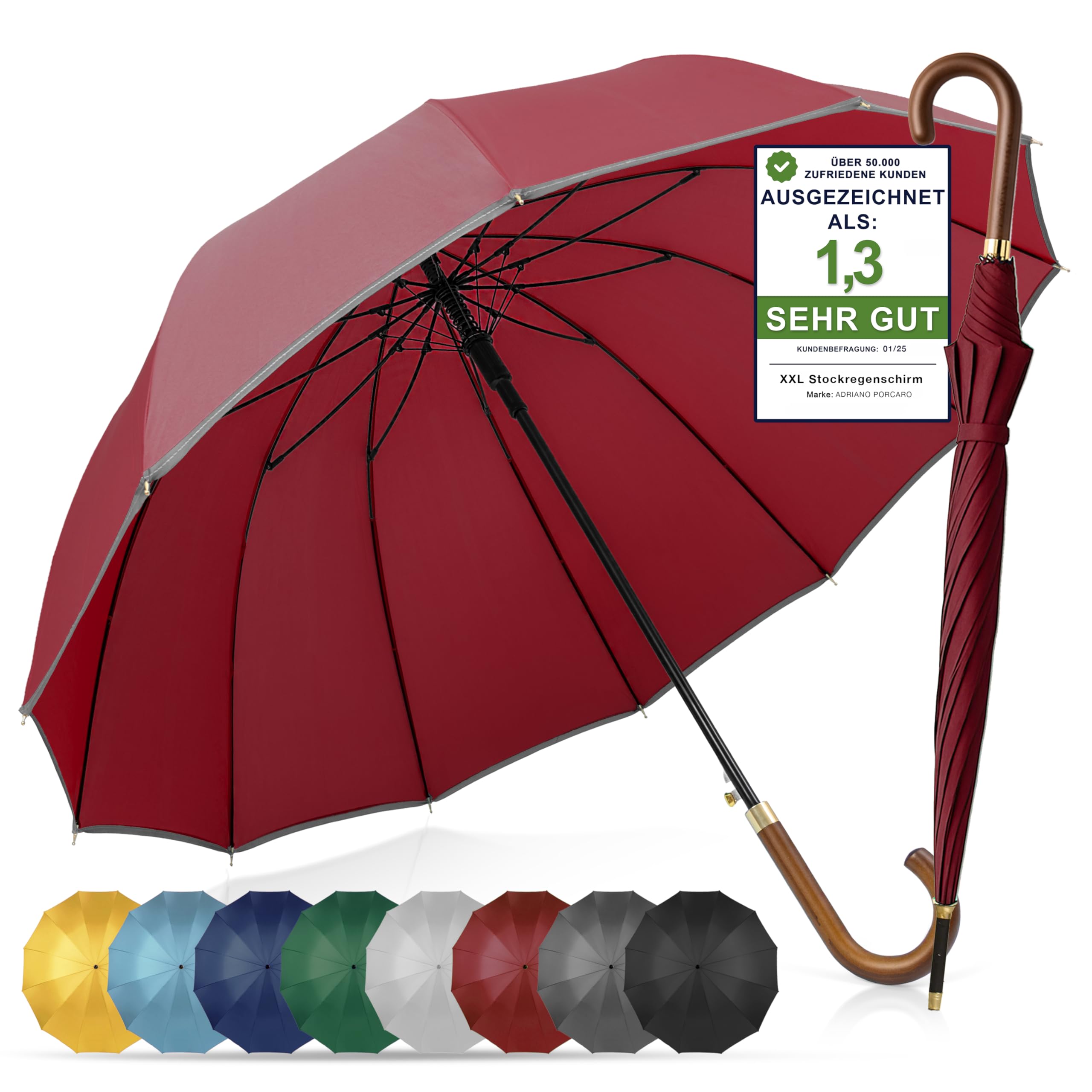 ADRIANO PORCARO® Regenschirm Sturmfest I Ø120cm Schirm I Regenschirm Groß XXL mit Reflektierendem Rand I 12 Streben Stockschirm I inkl. Schirmhülle - Für Herren & Damen I Regenschirm