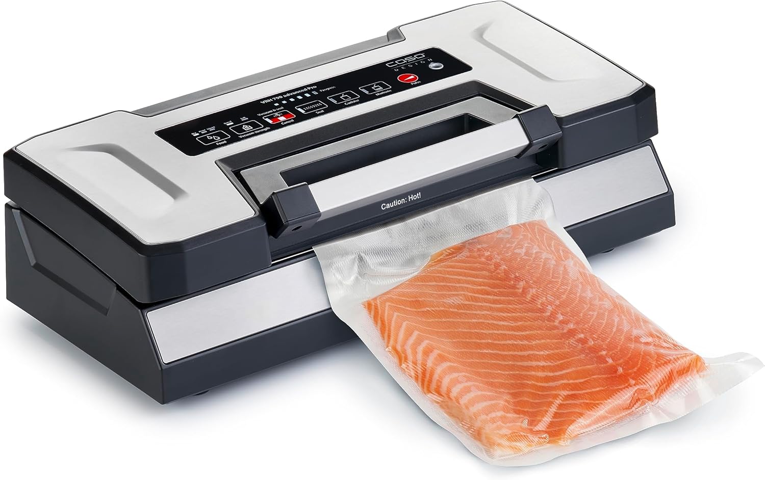 CASO VRH 790 advanced Pro Vacuum Sealer in use, sealing a piece of salmon in a vacuum bag