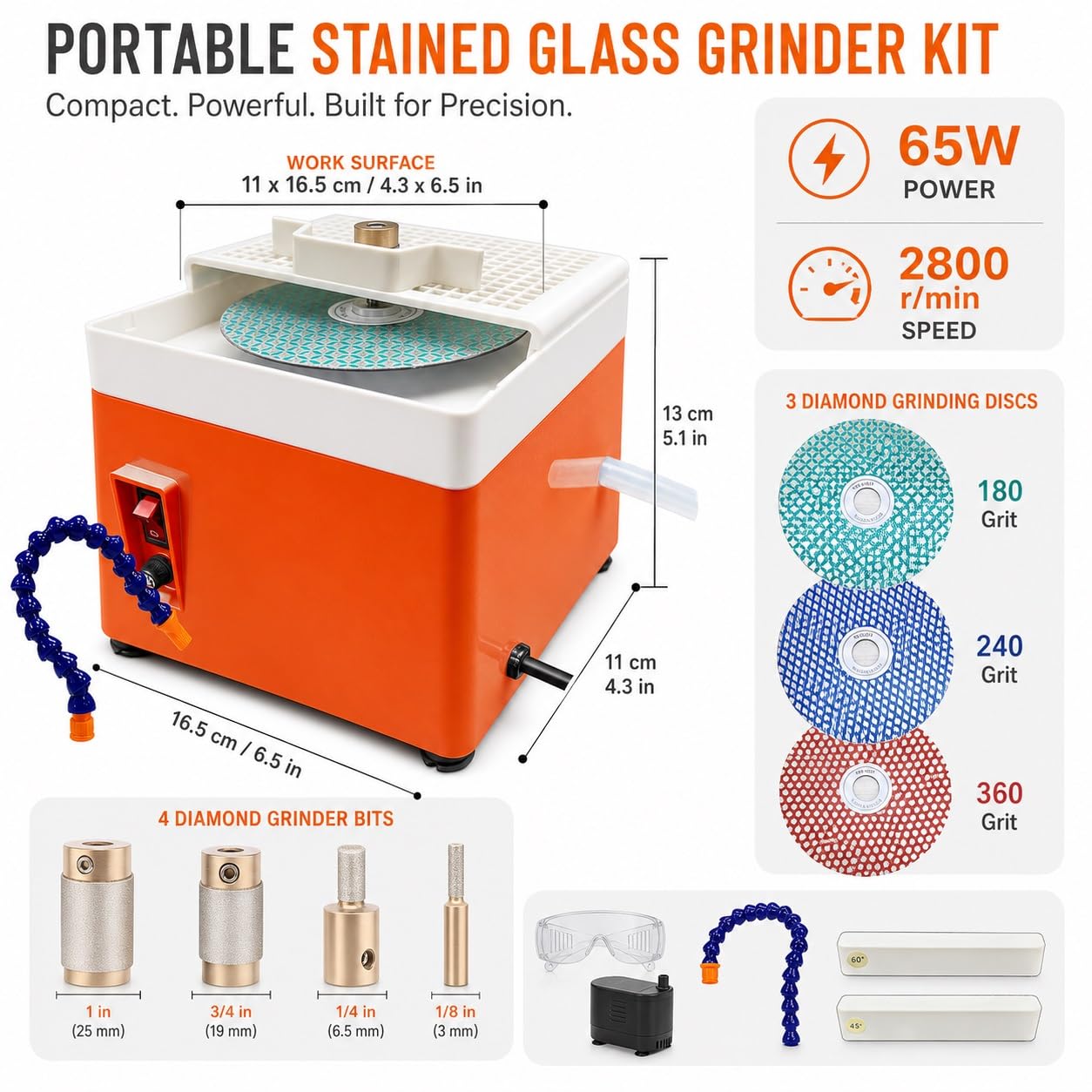 Kit de Amoladora de Vidrieras, Herramienta Portátil for Manualidades | Brocas de diamante, elaboración de vidrio húmedo, discos de grano 180/240/360, guías de 30/45/60/90 grados