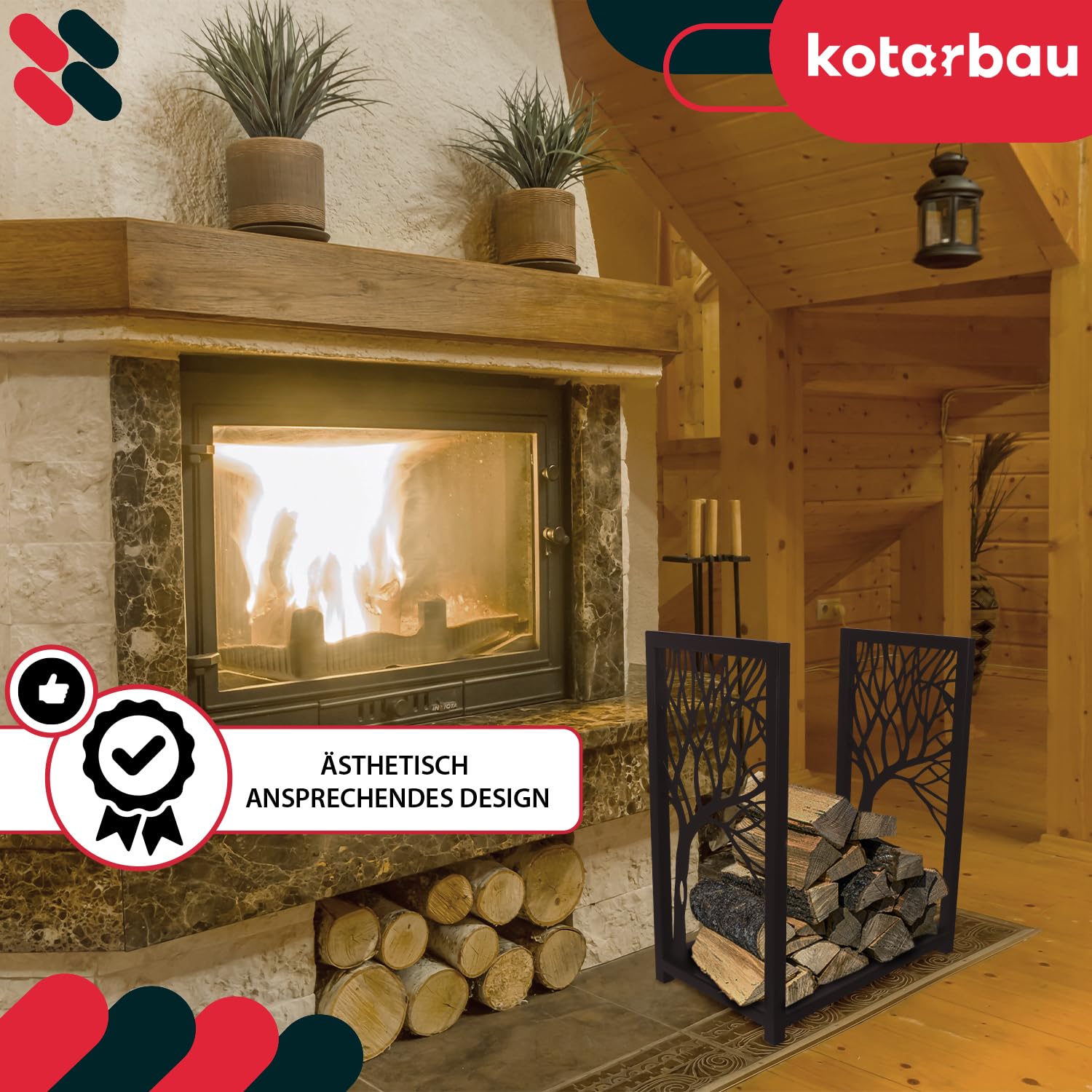 KOTARBAU® Leñero Interior - Cesta Leña Chimenea - Acero Revestido - 50 x 30 x 60 cm - Soporte para Leña - Moderno - Decorativo - Almacenamiento - Robusto - Negro