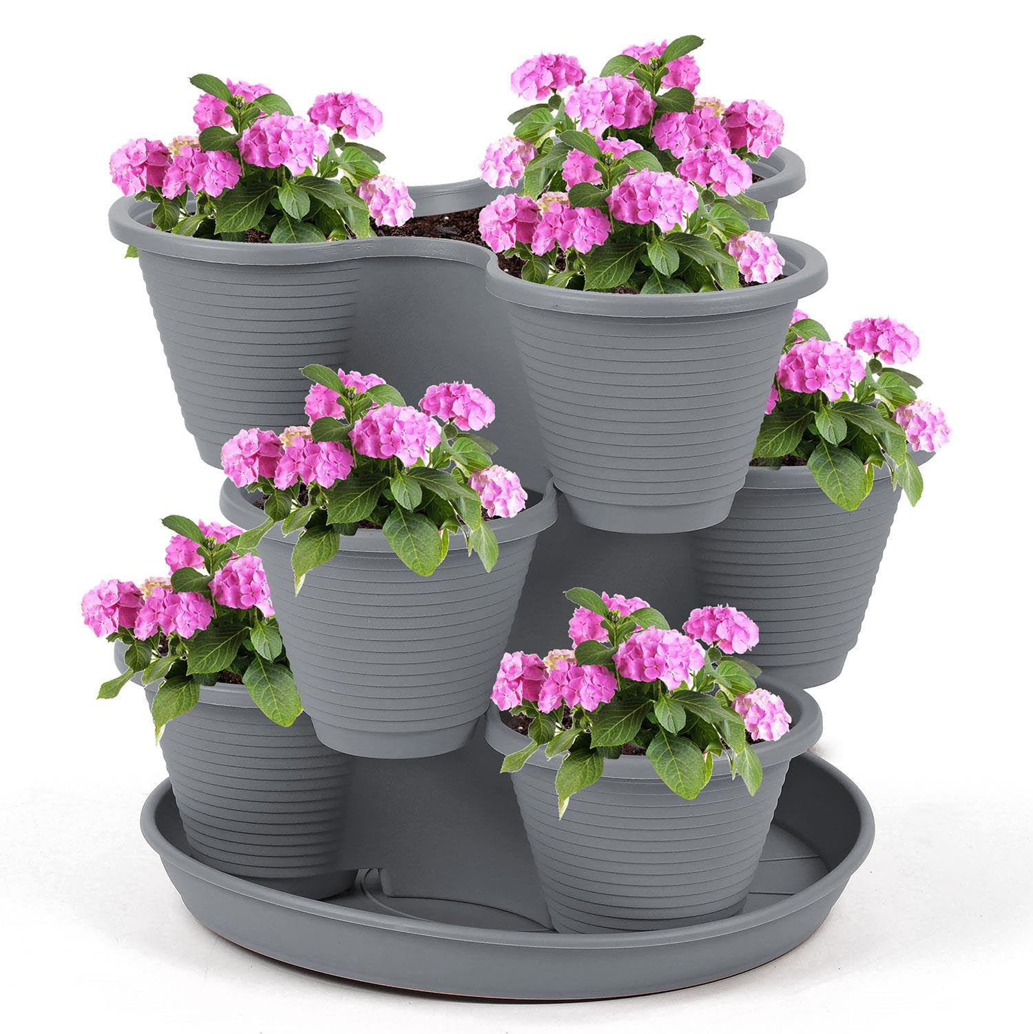Livhome 3 Tier Stackable Vertical Planter, Indoor Outdoor Plant Pot, Strawberry Planter, Herb Garden Planter, Vegetable Growing Tower, Flower Pot for Home Garden (Charcoal)