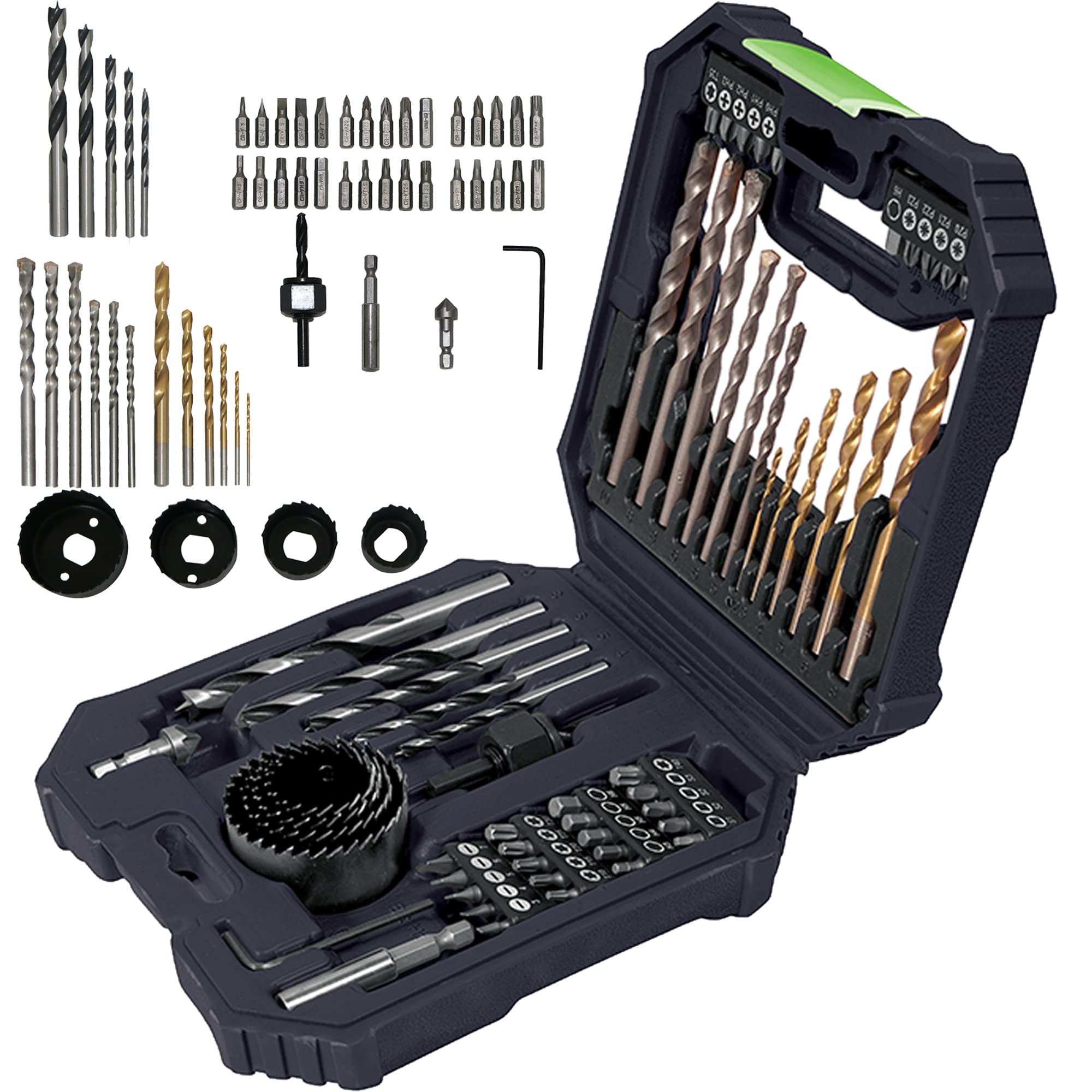 MYLEK 56 Piece Drill Bit & Screwdriver Accessory Set - High Speed Steel - Includes Storage Case - Silver
