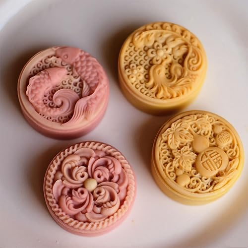 Miniatura 7 de beertoy Molde para pastel de frijol mungo con 4 sellos Phoenixes Midautumn Moon Cake Mold Hand Pressed Cookie Postre DIY Pastelería Herramienta para
