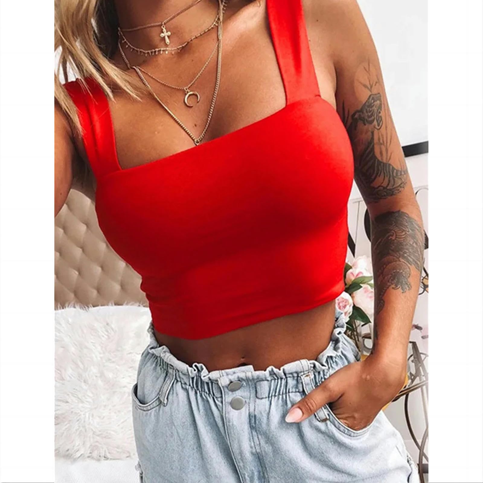Camiseta sin Mangas Mujer Top De Verano Sin Mangas De Cuello Cuadrado