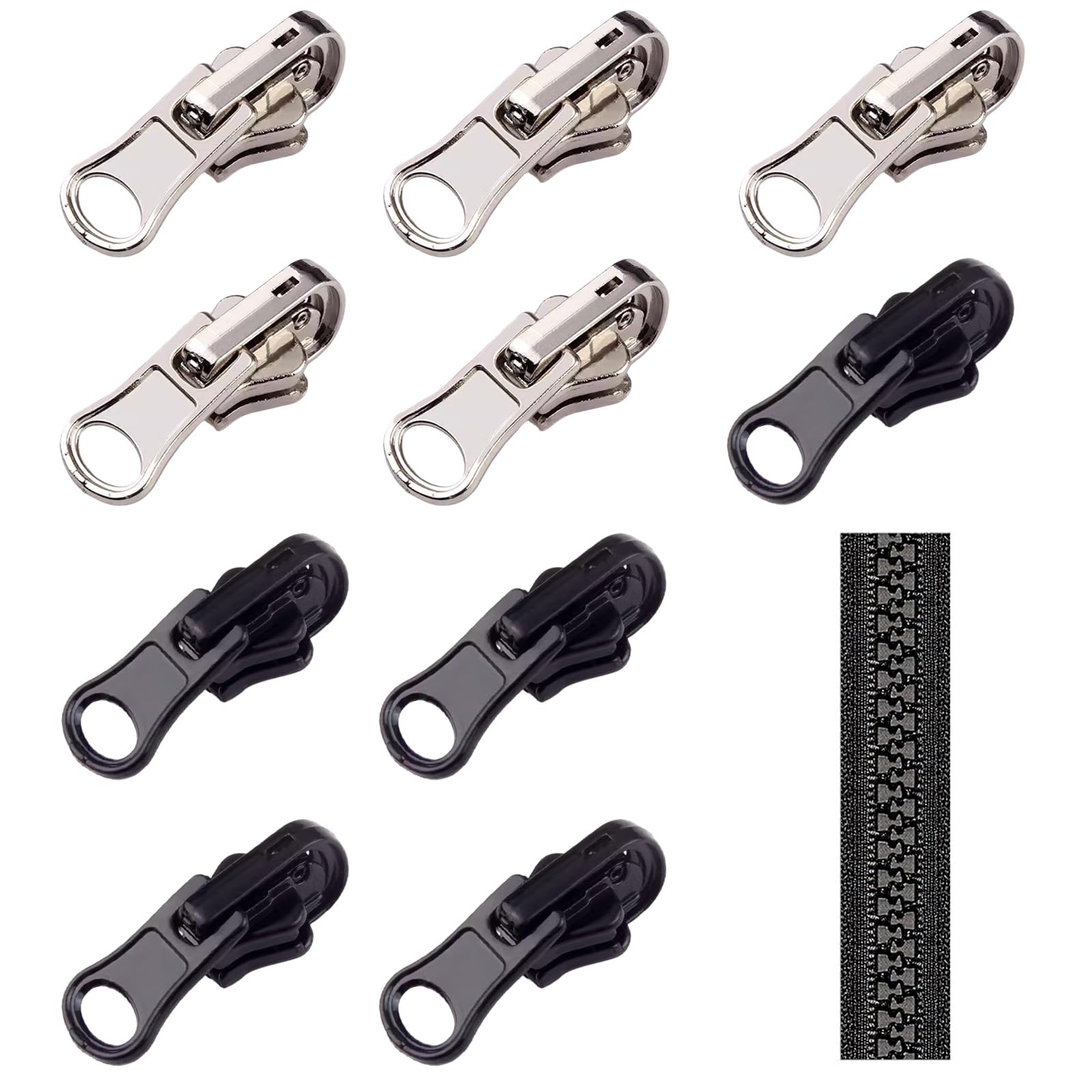 10Pcs #5 Reversible Zipper Sliders Repair Kit U-Shape Stops Black Silver