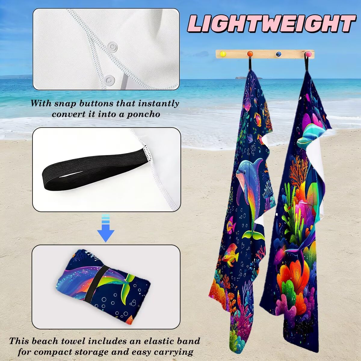 Toalla Playa 100x220 cm, Toalla Gimnasio Microfibra Secado Rapido, Juego de 2 Antiarena Toallas de Playa, Ligera Compacta Toallas Microfibra Grande para Viaje, Regalo Hombre Mujer (Delfín) -5013