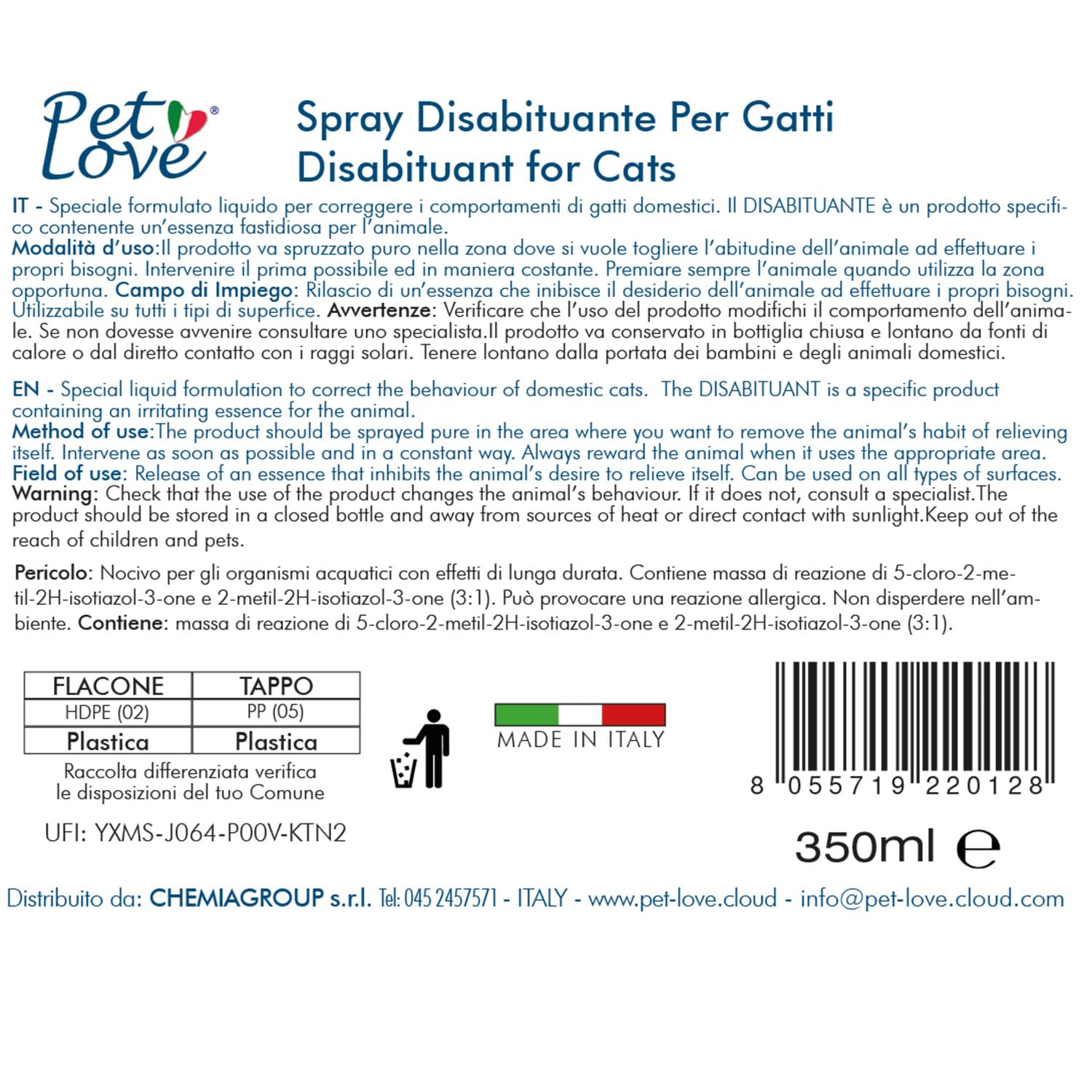 PET LOVE Spray Disabituante Repellente per Gatti - Anti Urina per Interni ed Esterni - Barriera Olfattiva - 350 ml
