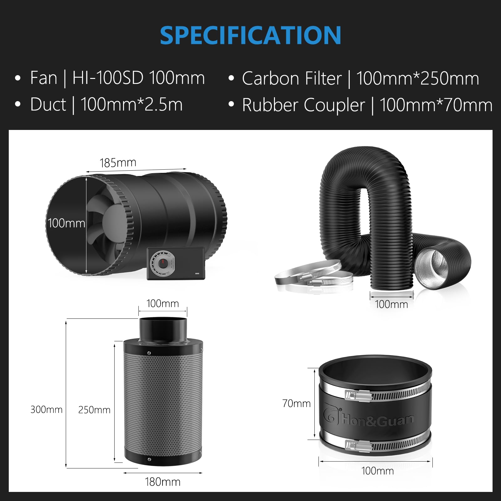 Hon&Guan 100mm Lüftungsset 221m³/h Inline Rohrventilator Komplettset mit Drehzahlsteller Aktivkohlenfilter Abluftchlauch Gummimuffe, Belüftungssystem für Growzelt Growbox Gewächshaus