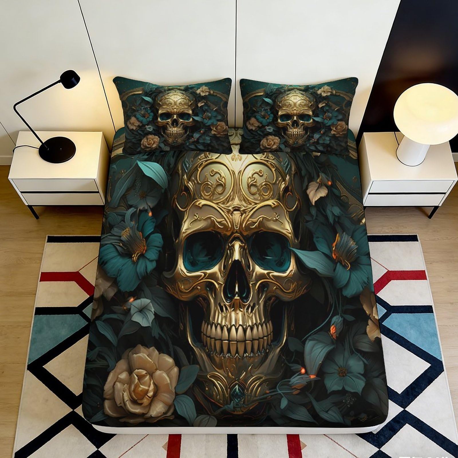 Pnayamiorkfel Style-5 3D Printed Golden Skull Fitted Sheet Microfiber Floral Dark Gothic Bed Cover For Bedroom Guestroom Mattress Protection 90X200x25cm