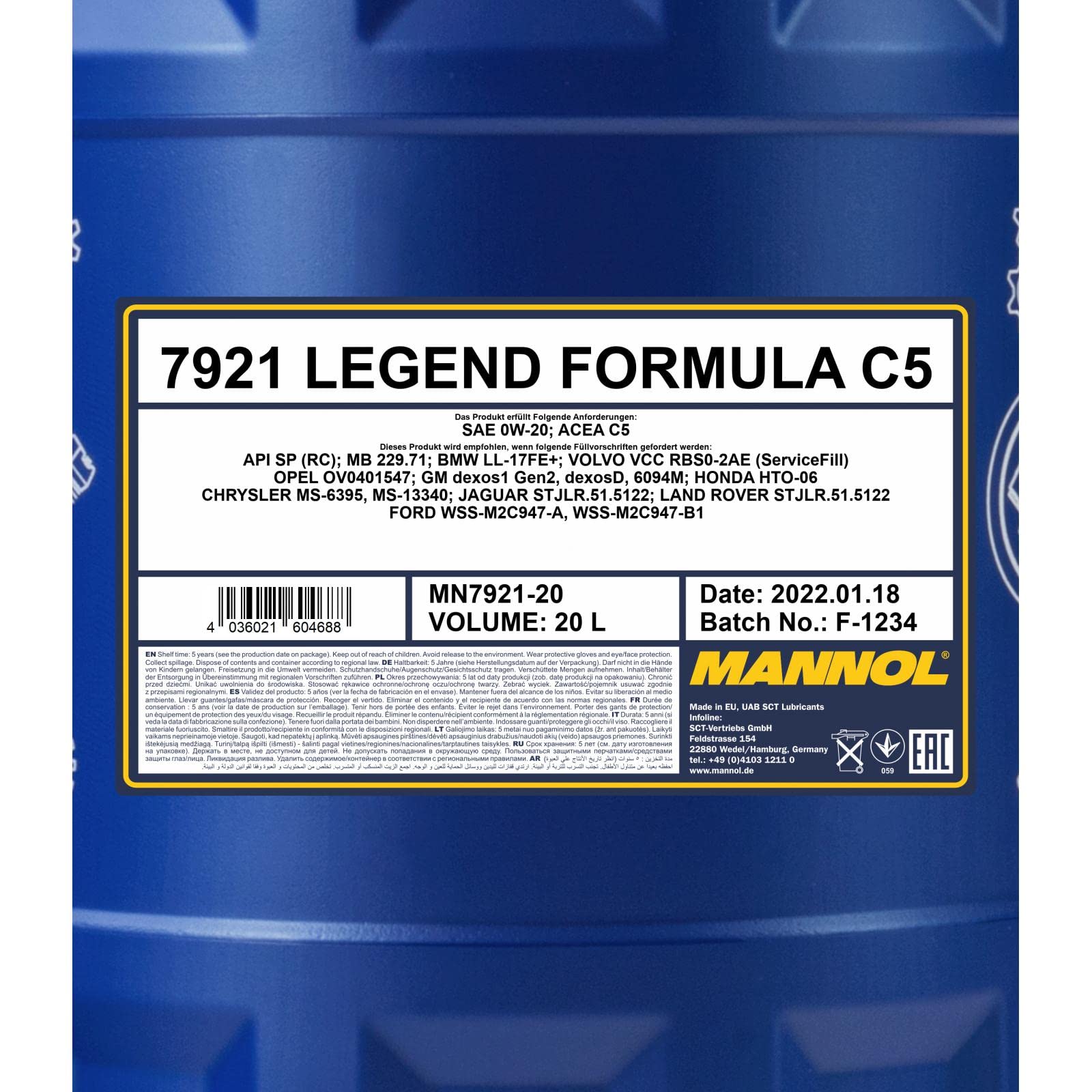 MANNOL Aceite de motor 0W-20 Legend Formula C5 ACEA C5 API SP-RC 20L Compatible con MERCEDES-BENZ Clase C T-modell S205, BMW 3 Touring F31 1 Hatchback F20 3 Sedán F30, F80, VOLVO V70 III 135