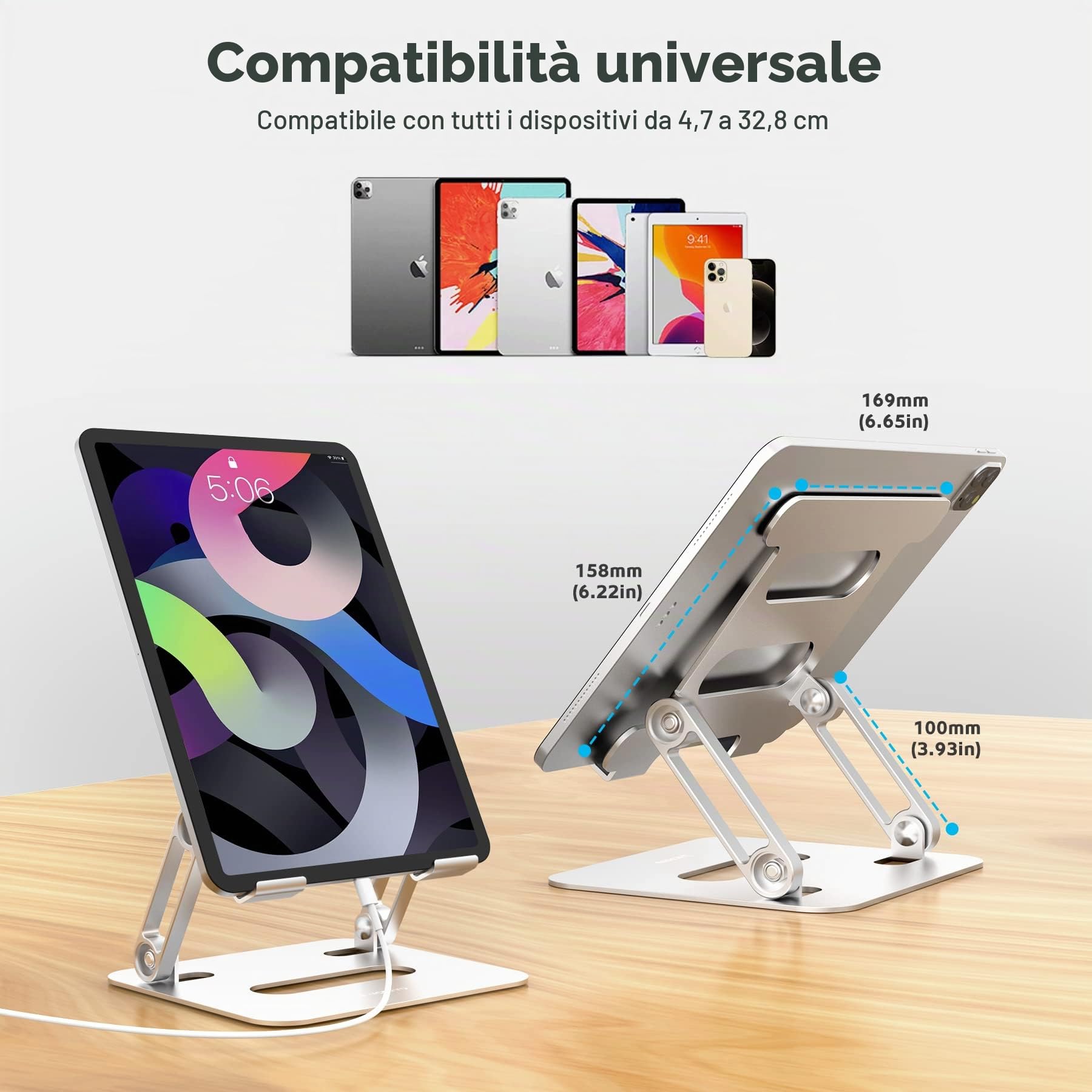 Supporto per tablet per scrivania, regolabile pieghevole in alluminio da tavolo compatibile con tablet come iPad Pro 9.7, 10.5, 13 Air Mini 4 3 2, Kindle, E-Reader (4-13 pollici),Argento