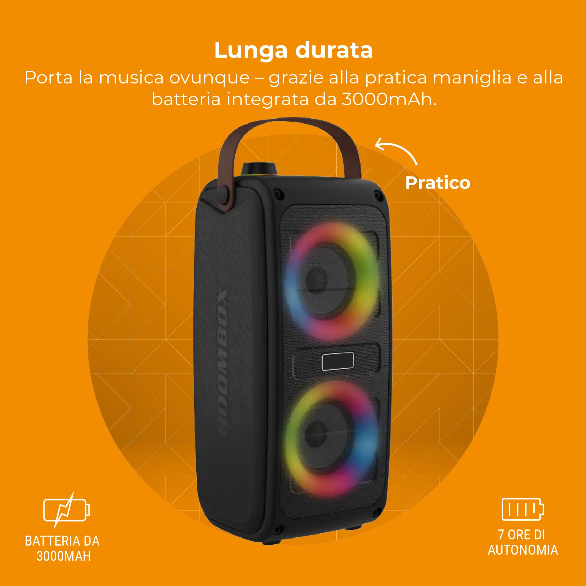 Denver BTV-230 – Cassa Bluetooth potente portatile con luci RGB, altoparlante Bluetooth 100W Max, USB/SD/AUX, 7h di autonomia, microfono integrato