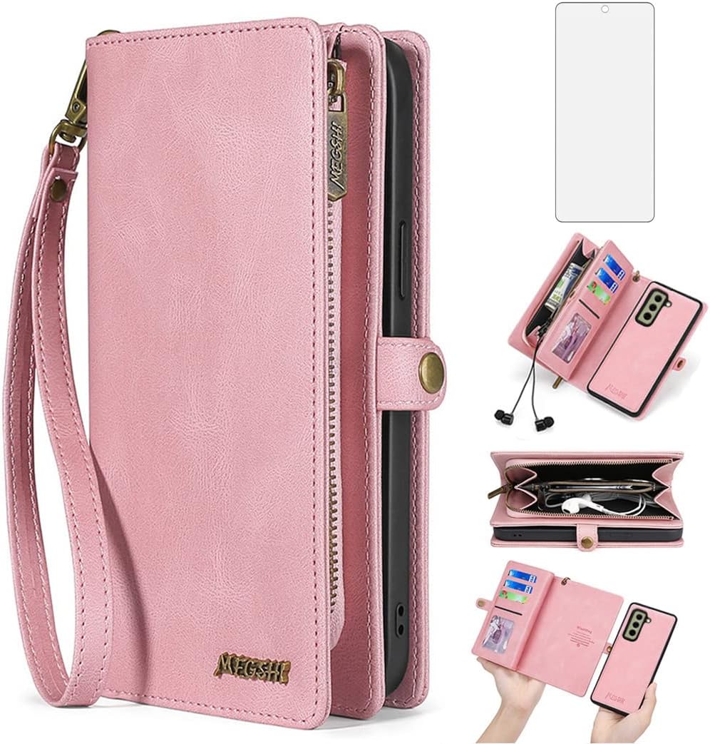 Asuwish Phone Case for Samsung Galaxy S21 FE 5G Zipper Wallet Detachable Cover with Tempered Glass Screen Protector and Flip Card Holder Cell S 21 EF S21FE5G UW S21FE 21S G5 6.4 inch Women Men Pink