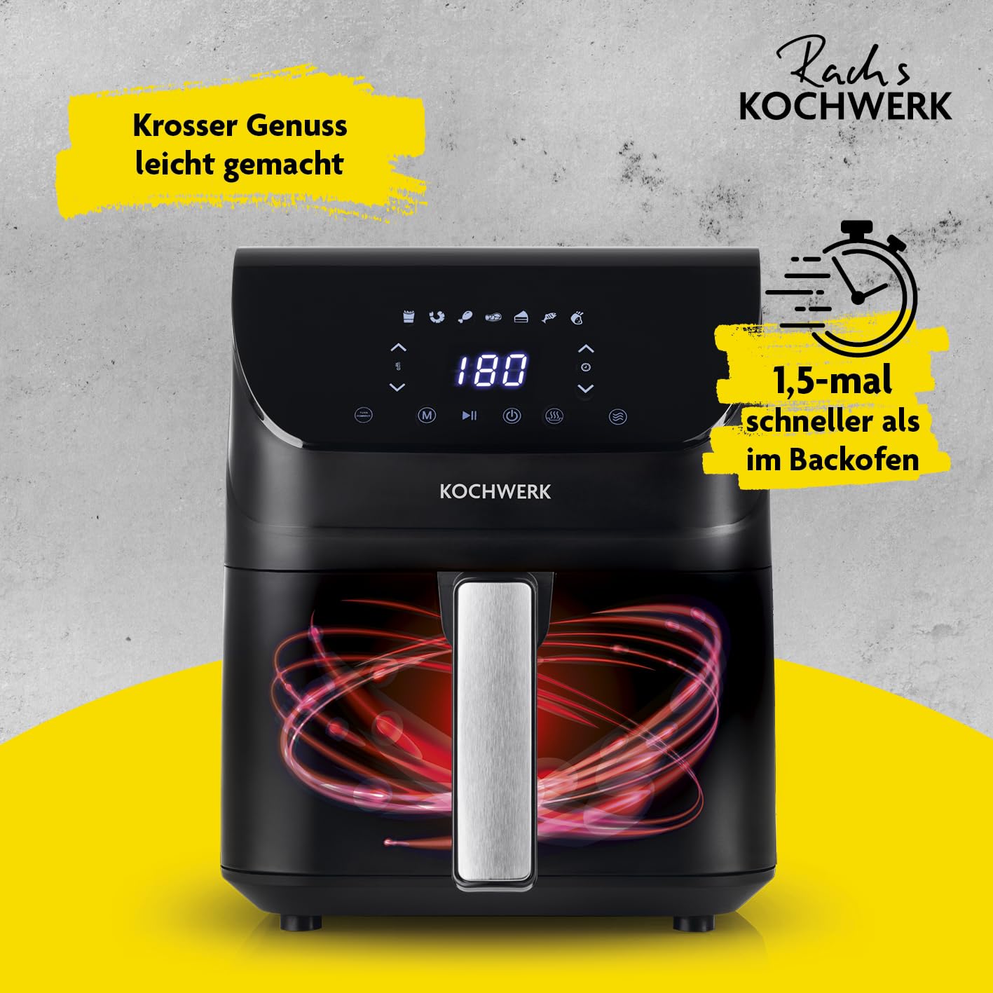 Rachs KOCHWERK Digitale Heißluftfritteuse 4L | Airfryer mit Touchscreen für fettarmes Garen, Grillen oder Backen ohne Öl | Erinnerungsfunktion zum Wenden | Leichte Reinigung | 1400W