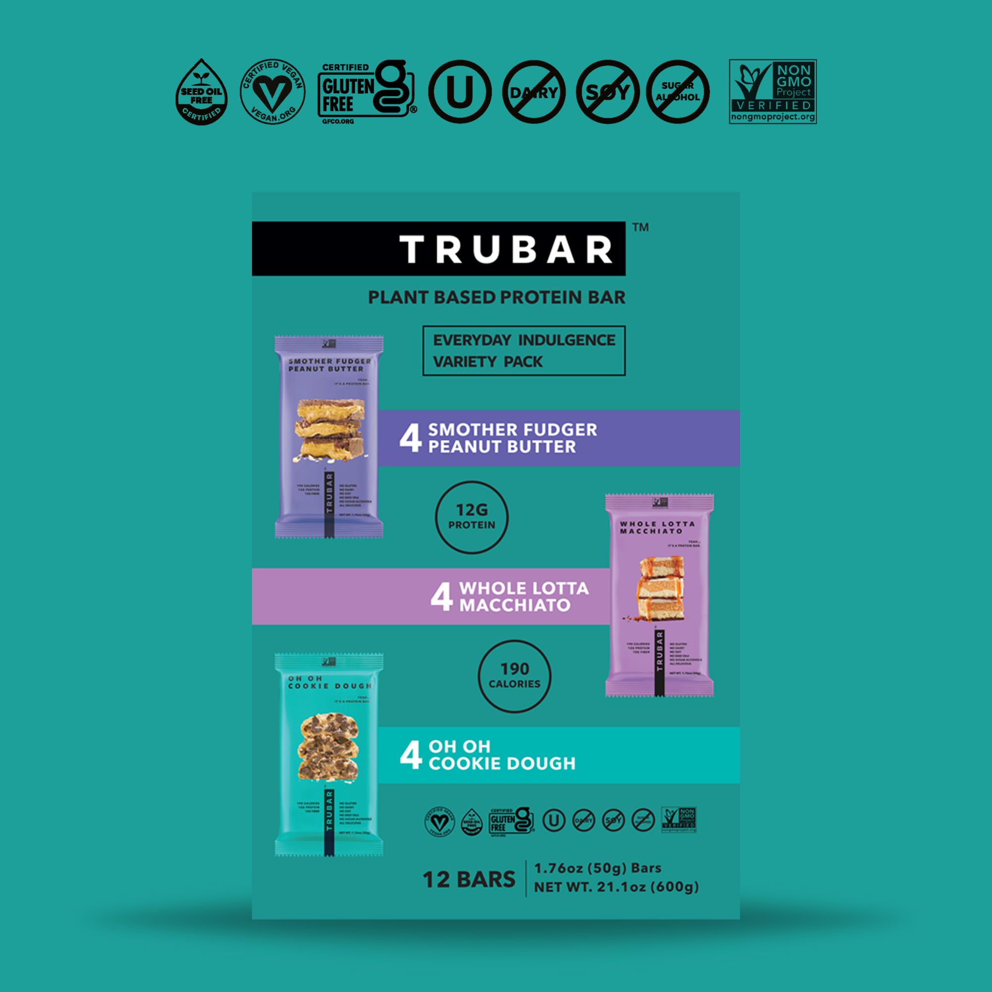 TRUBAR Vegan Protein Bar, Shake it Bake it Birthday Cake it, Gluten Free, Plant Based Protein, Dairy Free, Non GMO, Soy Free, No Sugar Alcohols, 12G Protein, 12G Fiber, 23G Carb, Snack Bars, 12ct: Peanut Butter, Macchiato, Cookie Dough 12 ct