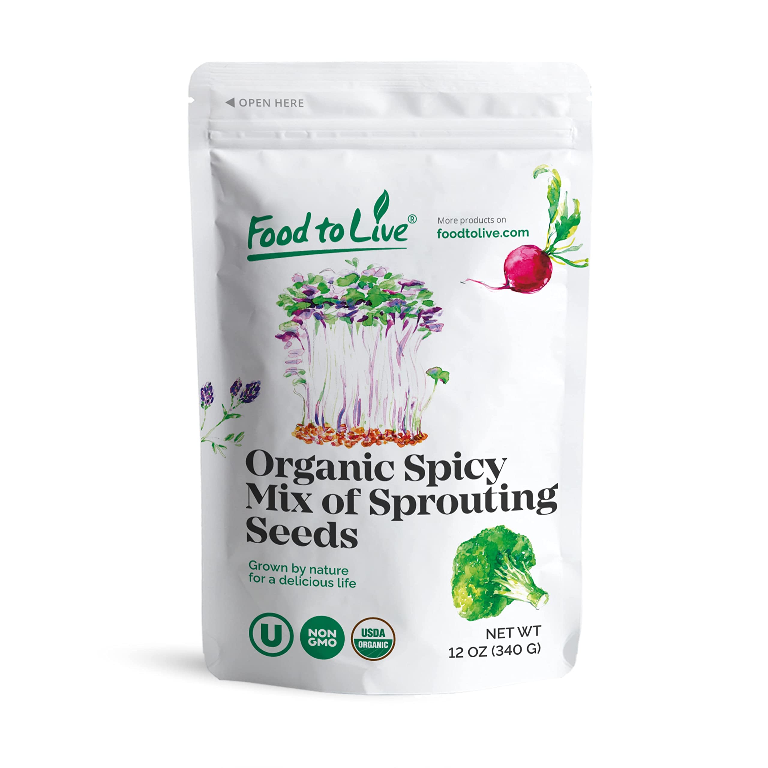 Food to Live Organic Spicy Mix of Sprouting Seeds, 12 Ounces — Non-GMO Broccoli, Radish, Alfalfa, Raw, Rich Germination Rate, Non-Irradiated, Pure, Kosher, Vegan Superfood, Bulk, Rich in Sulforaphane