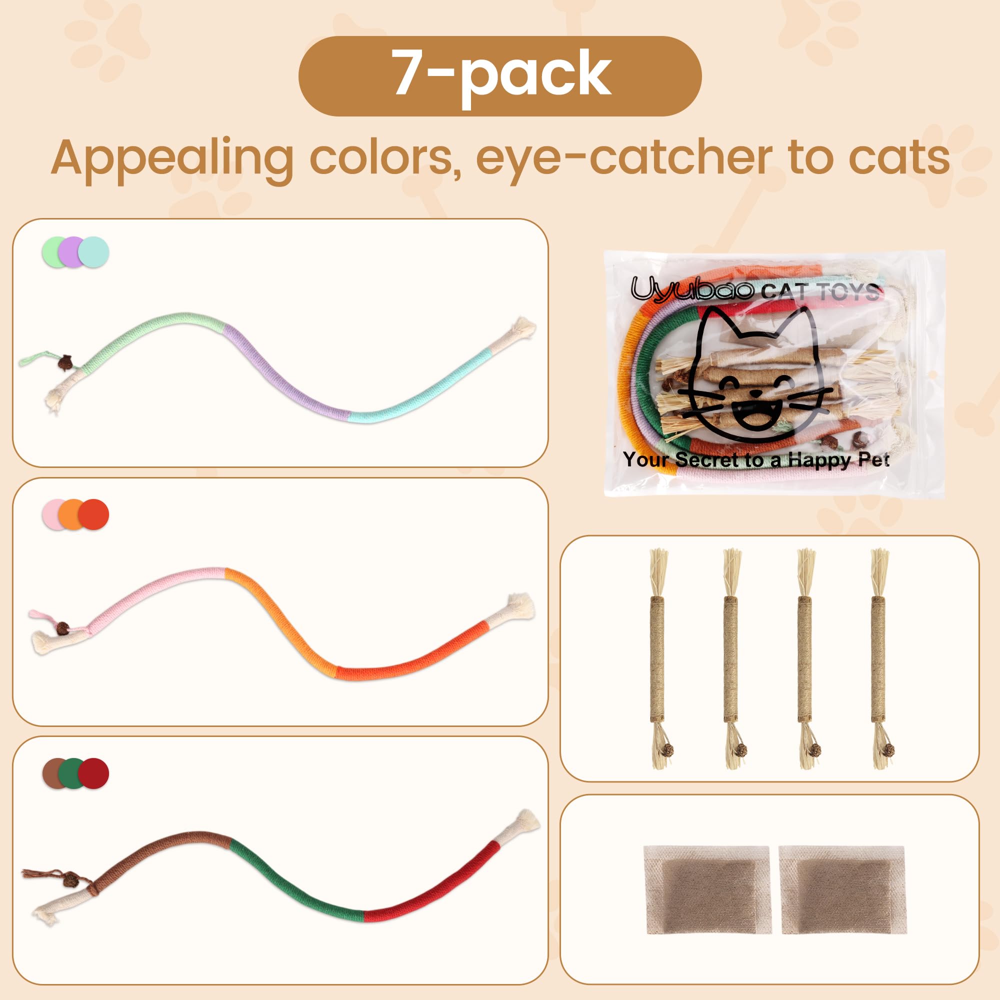 Juguetes para gatos, 7 cuerdas masticables para gatos y palos de vid plateada para gatos con hierba gatera natural y vid plateada, juguetes de limpieza segura de dientes para gatitos de