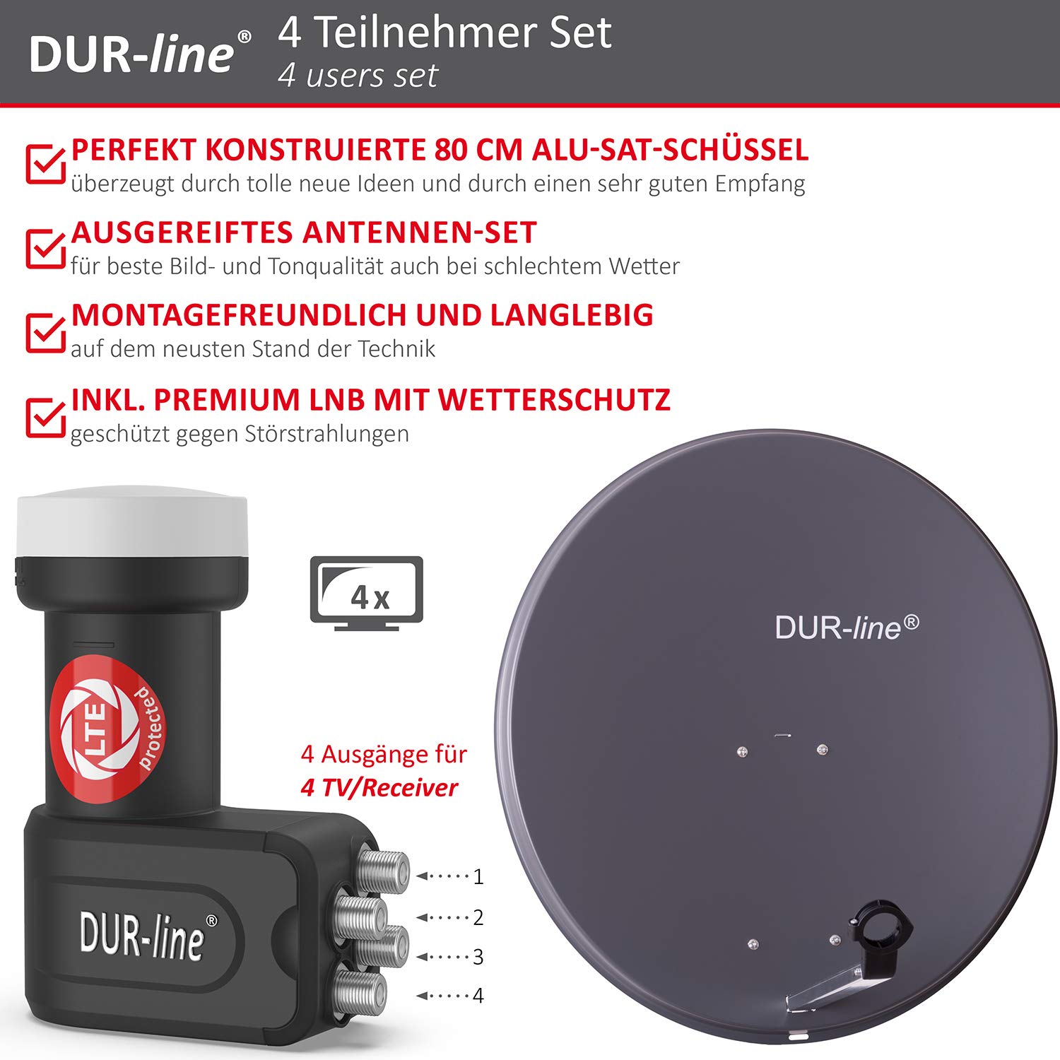 DUR-line MDA 80 Anthrazit - Digiatale 4 Teilnehmer Satellitenschüssel Komplett-Anlage mit +Ultra Quad - LNB [Camping, Astra 19,2°, DVB-S/S2, Full HD, 4K, 3D]