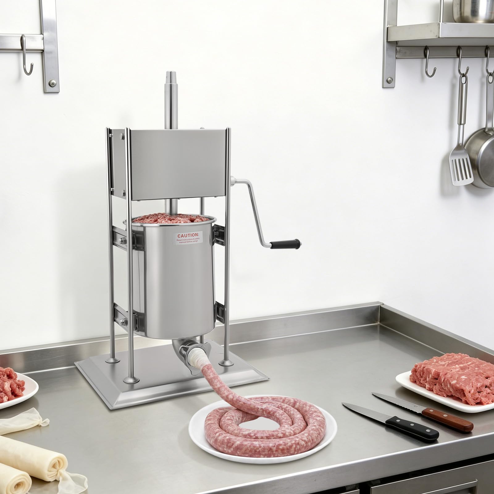 Maszyna do napełniania kiełbas, ze stali nierdzewnej (10 l, srebrna), z korbą ręczną, kiełbasą, prasą do kiełbas, churros Machine, 4 formy, 2 prędkości, przemysłowa maszyna do napełniania kiełbasy ze