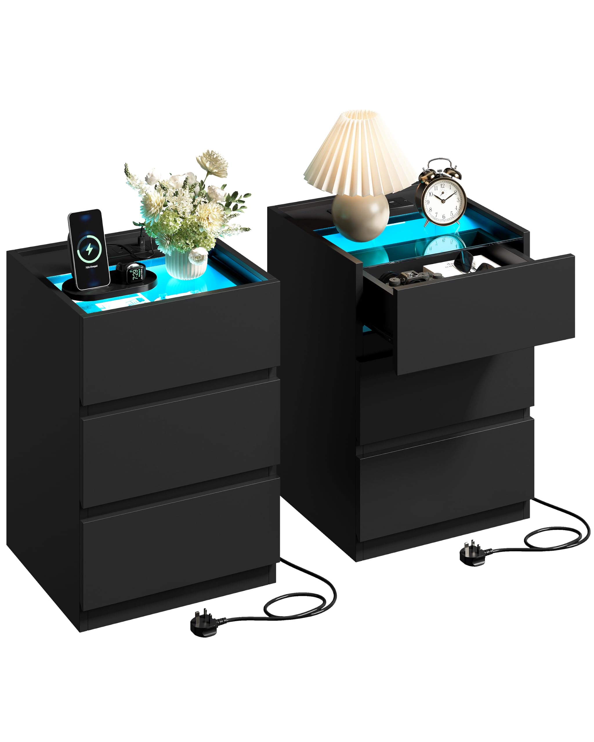 IRONCK Bedside Table Glass Top Bedside Cabinet with LED & Charging Station
