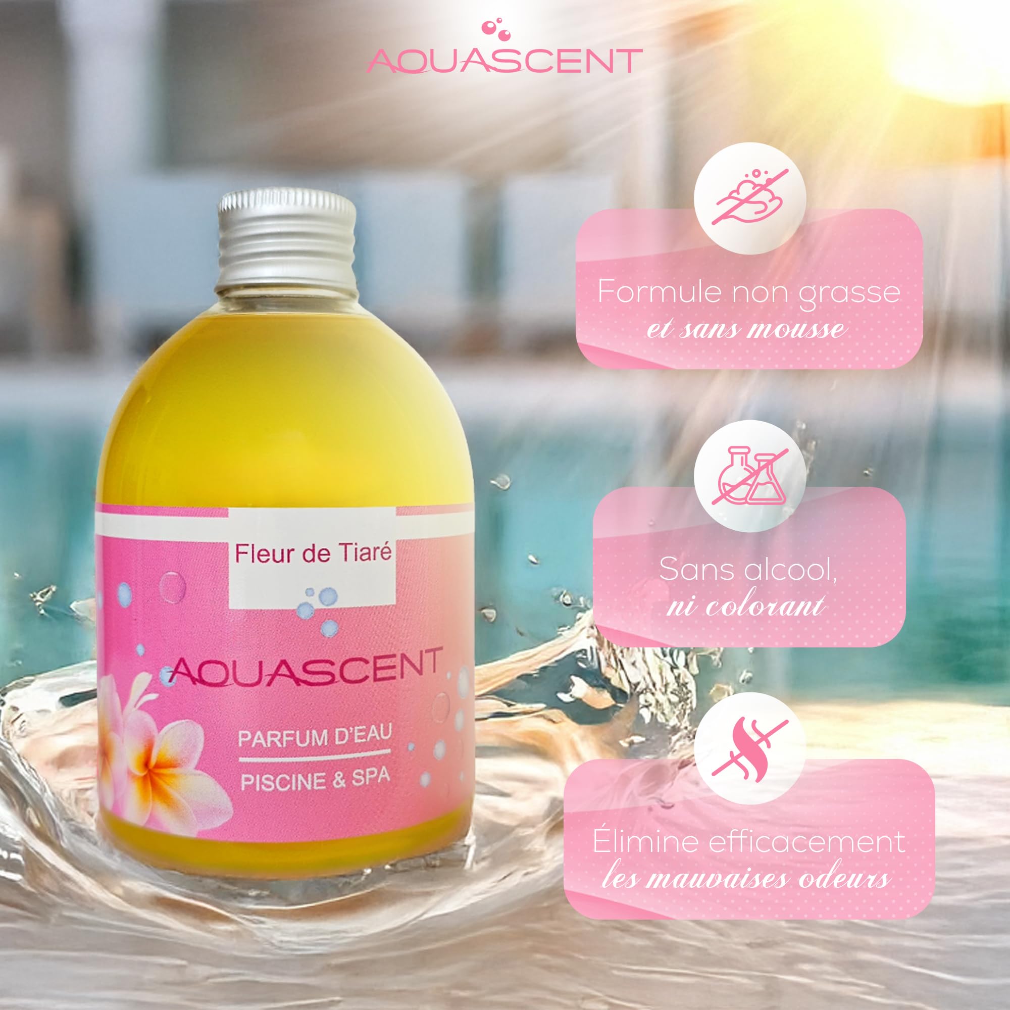 Parfum d'Eau Piscine et Spa FLEUR DE TIARE - Concentré 250ml : élimine les odeurs, préserve l'eau claire, sans alcool ni colorant. Fabriqué en France. Compatible Sel & Chlore