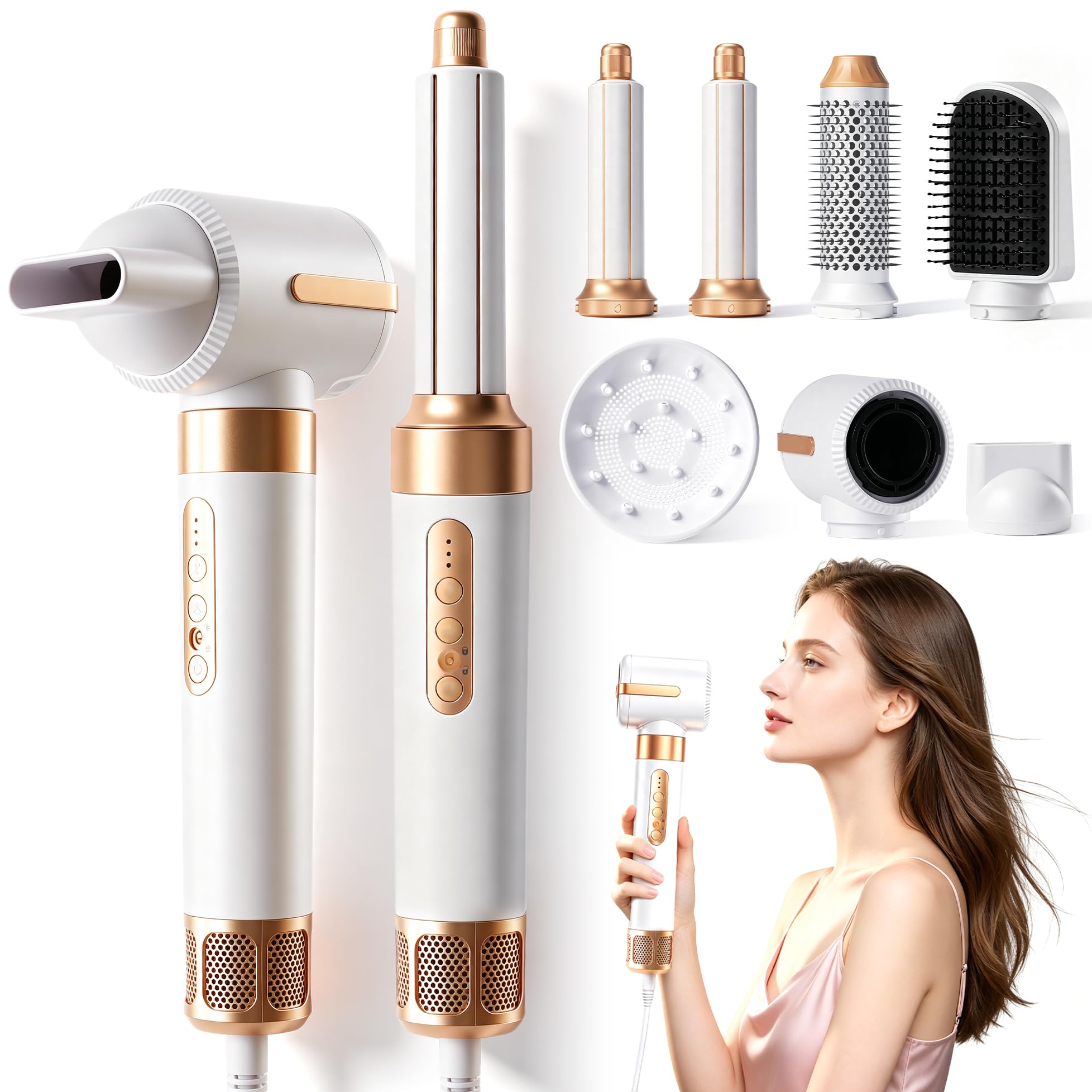 7-in-1 Multistyler Hairstyler Set 1400W Ionen Föhn mit Diffusor Weiß | Bürstenloser Hochgeschwindigkeitsmotor 110000U/min,7 Wechselaufsätze, 3 Temperatur- & Luftstufen für alle Haartypen