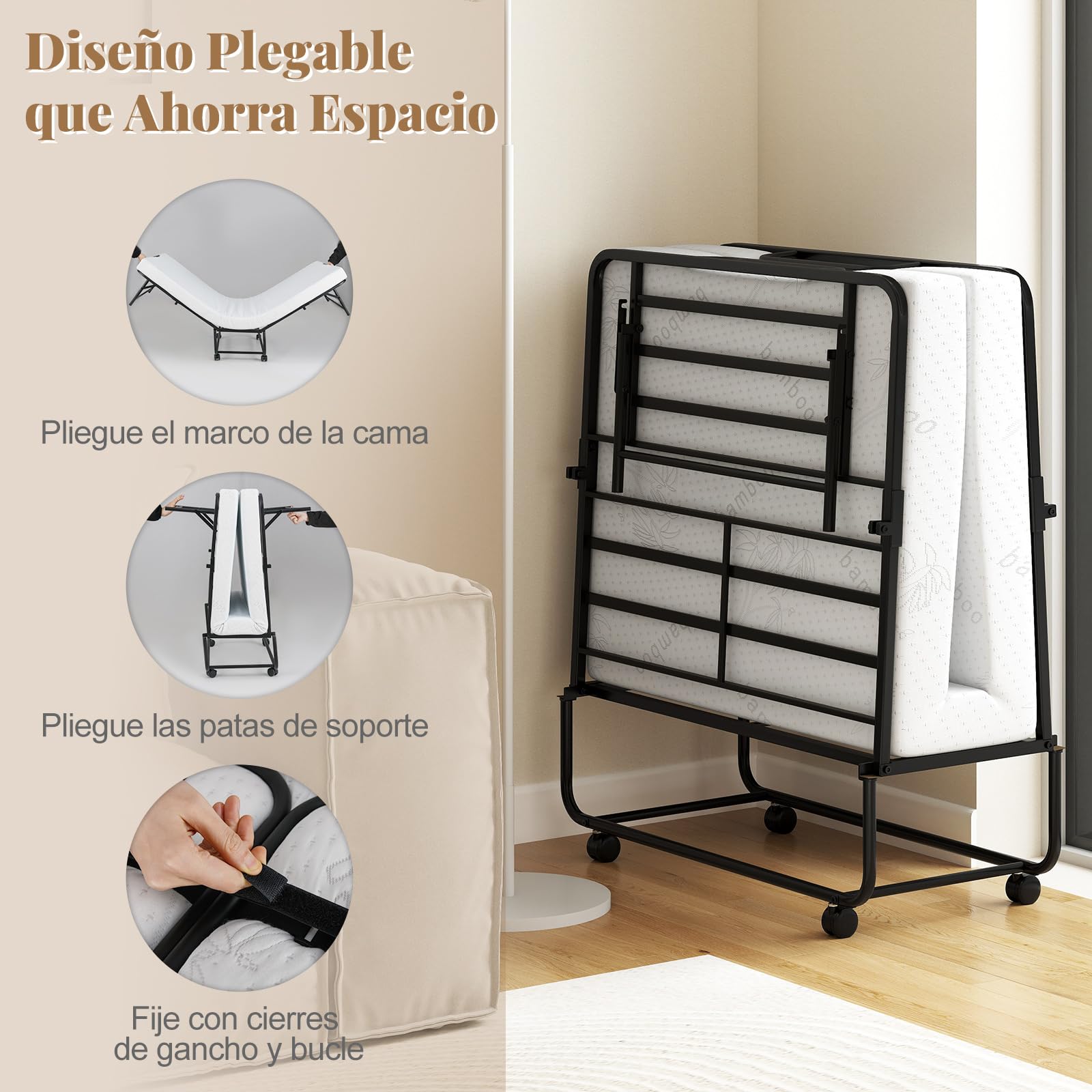COSTWAY Cama Plegable con Colchón 90X190 cm, Cama Supletoria Plegable con 4 Ruedas, Estructura Metálica, Cama Individual Adultos y Niños Invidados, Carga 220kg
