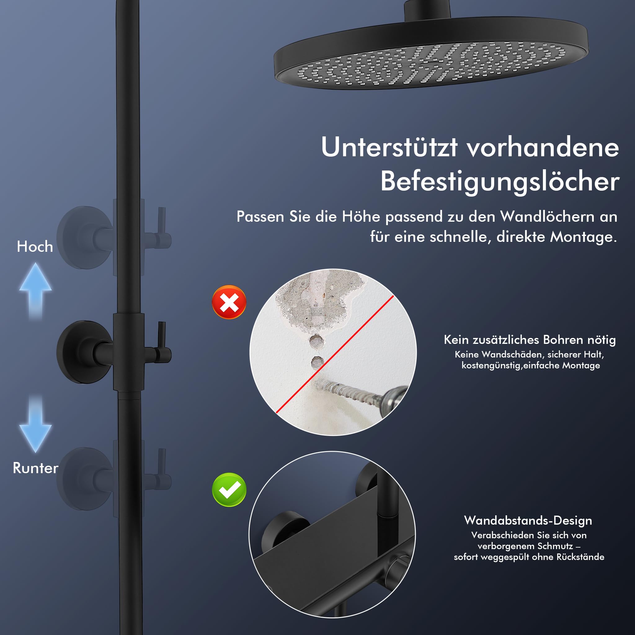 HOMELODY Duschsystem mit Armatur und Glasablage - Duscharmatur Komplettset Schwarz, 5 Strahlarten Handbrause und Wasserfallauslauf, Ø25cm Regendusche Set, Höhenverstellbar, ohne zusätzliches Bohren
