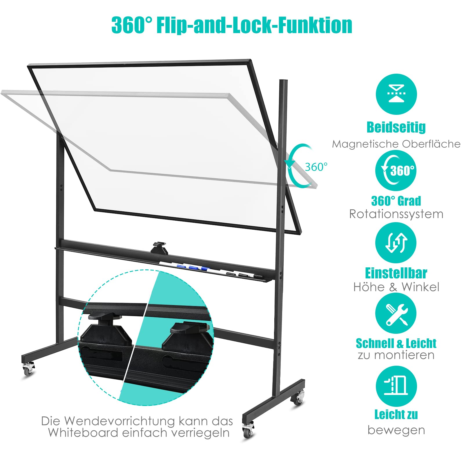 GOPLUS 120x90cm Mobiles Whiteboard mit Ständer & Flipchart, Höhenverstellbares doppelseitiges Whiteboard mit abschließbaren Rollen, um 360° drehbare magnetische Tafel mit Alurahmen & Zubehör(Schwarz)