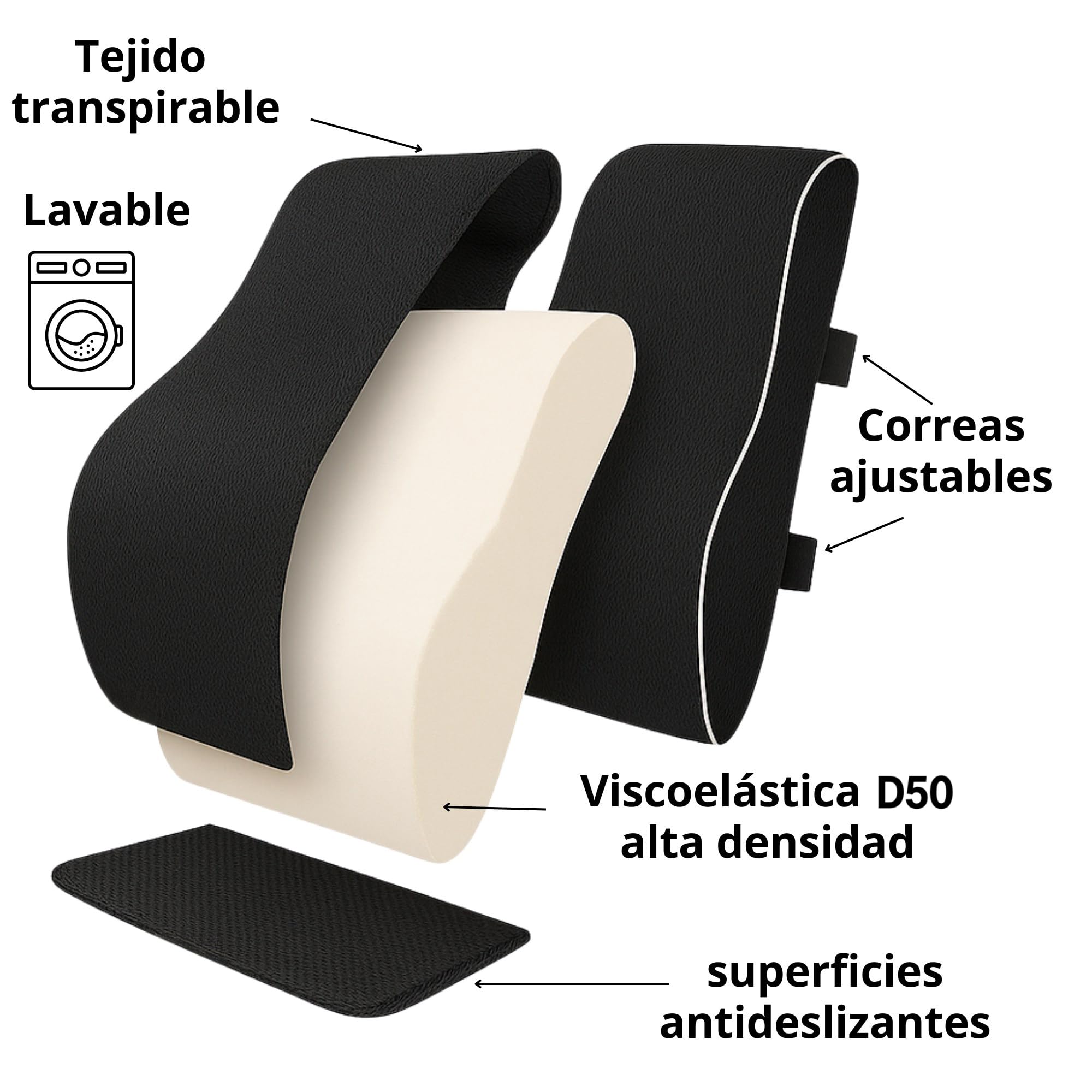 Cojín Lumbar Ergonómico Viscoelástica Alta Densidad D50 con Bolsa – Soporte Anatómico para Espalda y Cervicales – Correas de Sujeción Ajustables y Base Antideslizante – Oficina, Coche o Sofá – Negro