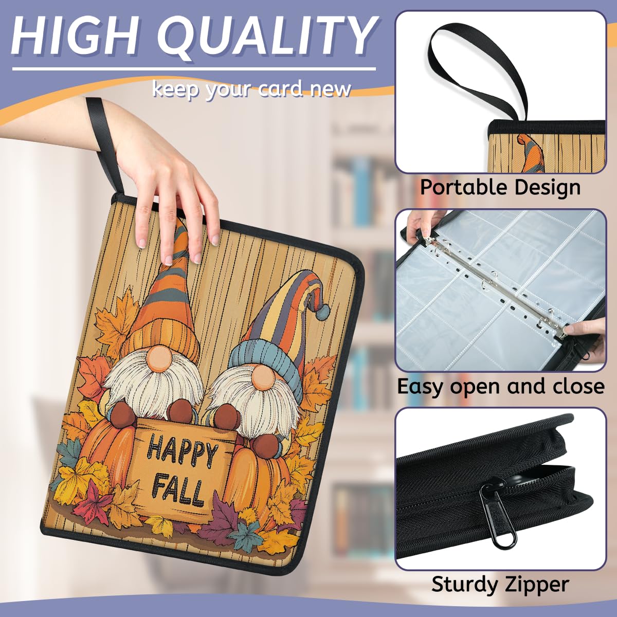 Carpeta de tarjetas coleccionables con 9 bolsillos, diseño de gnomos, hojas de calabazas, hojas de otoño, álbum de tarjetas con fundas extraíbles, impermeable, con cremallera, capacidad para 50