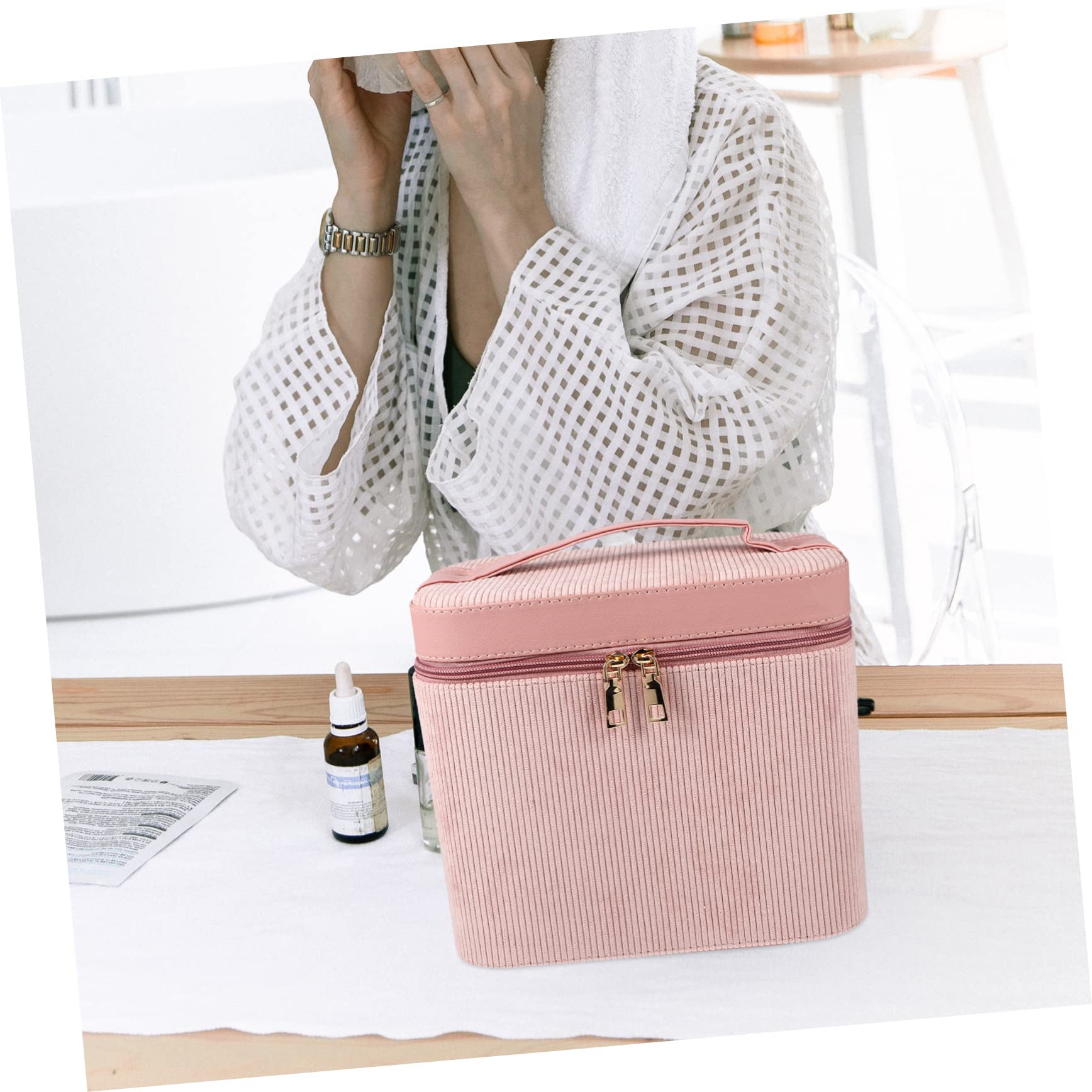 Tragbare Zweilagige Makeup Aufbewahrungsbox aus Cord Rosa mit Spiegel für Frauen für Reise und Zuhause