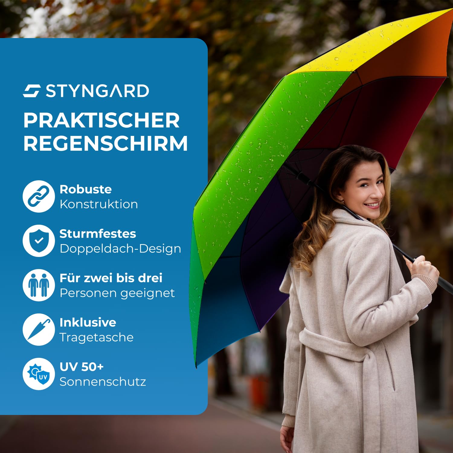 STYNGARD XXL Regenschirm Groß Sturmfest [Ø 130/140 cm] - Golfschirm mit Doppelbespannung für maximalen Wind- und Regenschutz Modell - Regenschirm für 2 Personen - BELFAST