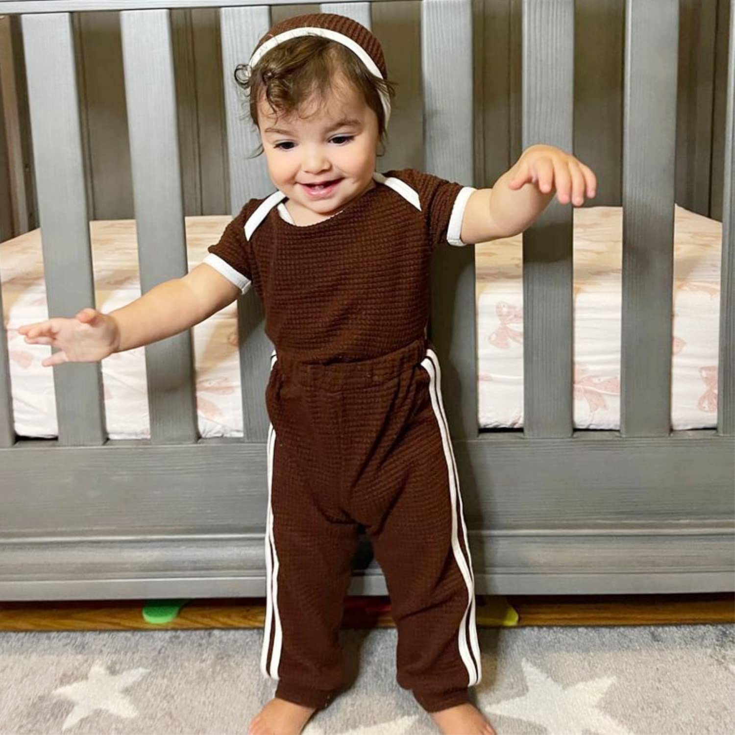 Infant Baby Girl Boy Clothes Unisex Waffle Knit Outfit Neutral Baby Romper Bodysuits and Pants Set Baby Boys Clothes Babe Girl Clothing Set Short Sleeve Spring Summer Outfits 12-18 Months Brown
