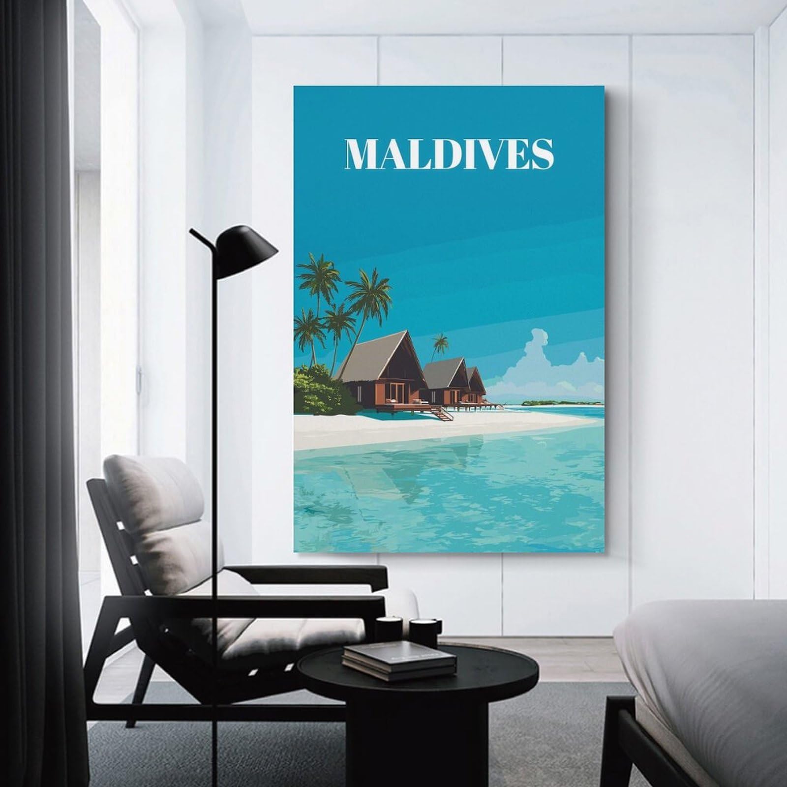Junmoney Wall Picture Print Maldives Tropical Beach Resort Illustration, 20x30inch(50x75cm), for Entrance Walls, Hall Decor Or Foyers, A Neat Decor Update for Hallways