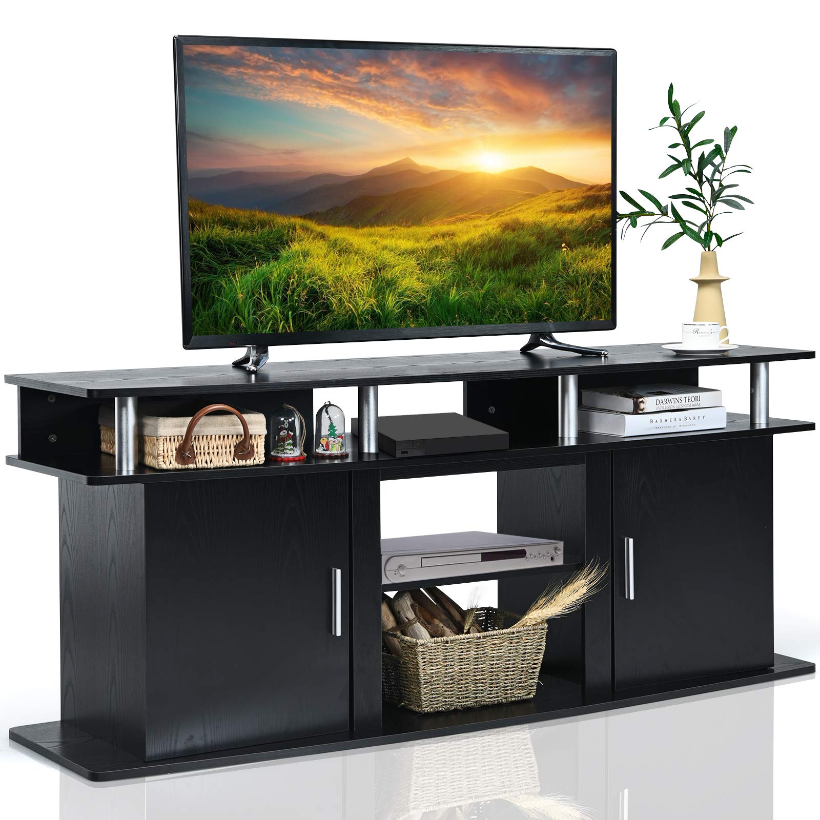 Tangkula Modern TV Stand for TVs up to 70 Inches, Living Room Console Table w/2 Cabinets & Open Shelves, Media Entertainment Center for 18 Inches Electric Fireplace (Not Included) (Black)