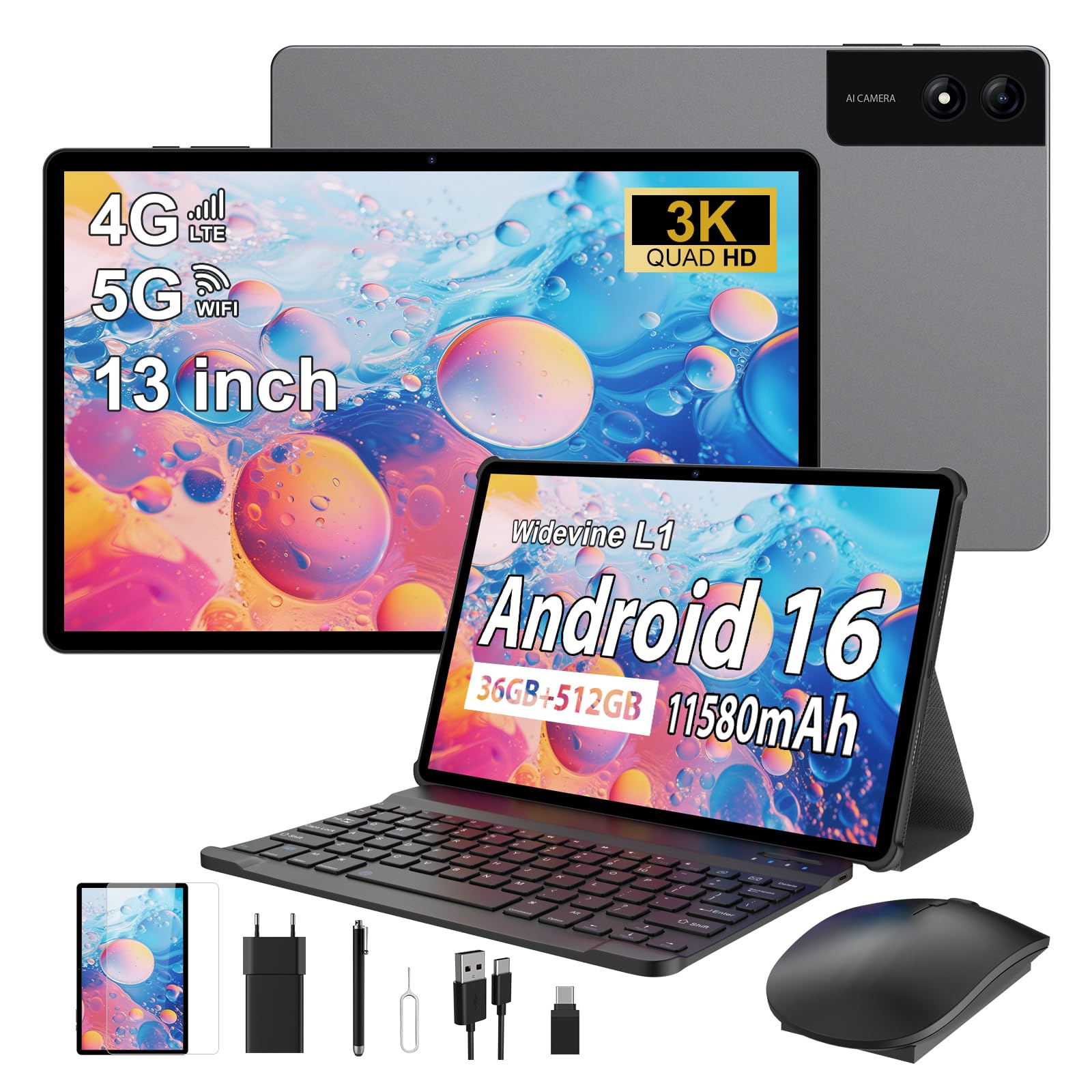 3K Tablet 13 Pulgadas Android 16 con 36GB RAM+512GB ROM(TF 2TB), 4G LTE & 5G WiFi,11580mAh/Octa Core/Gemini AI/13MP+8MP/18W/90Hz/GPS/Widevine L1/BT 5.0, Tablet con Teclado, Gris