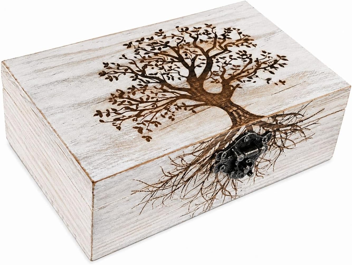 Tree of Life Wooden Jewelry Box | Engraved Rustic Jewelry and Keepsake Storage Case & Trinket Organizer with Engraved Design (Shabby Chic Style)