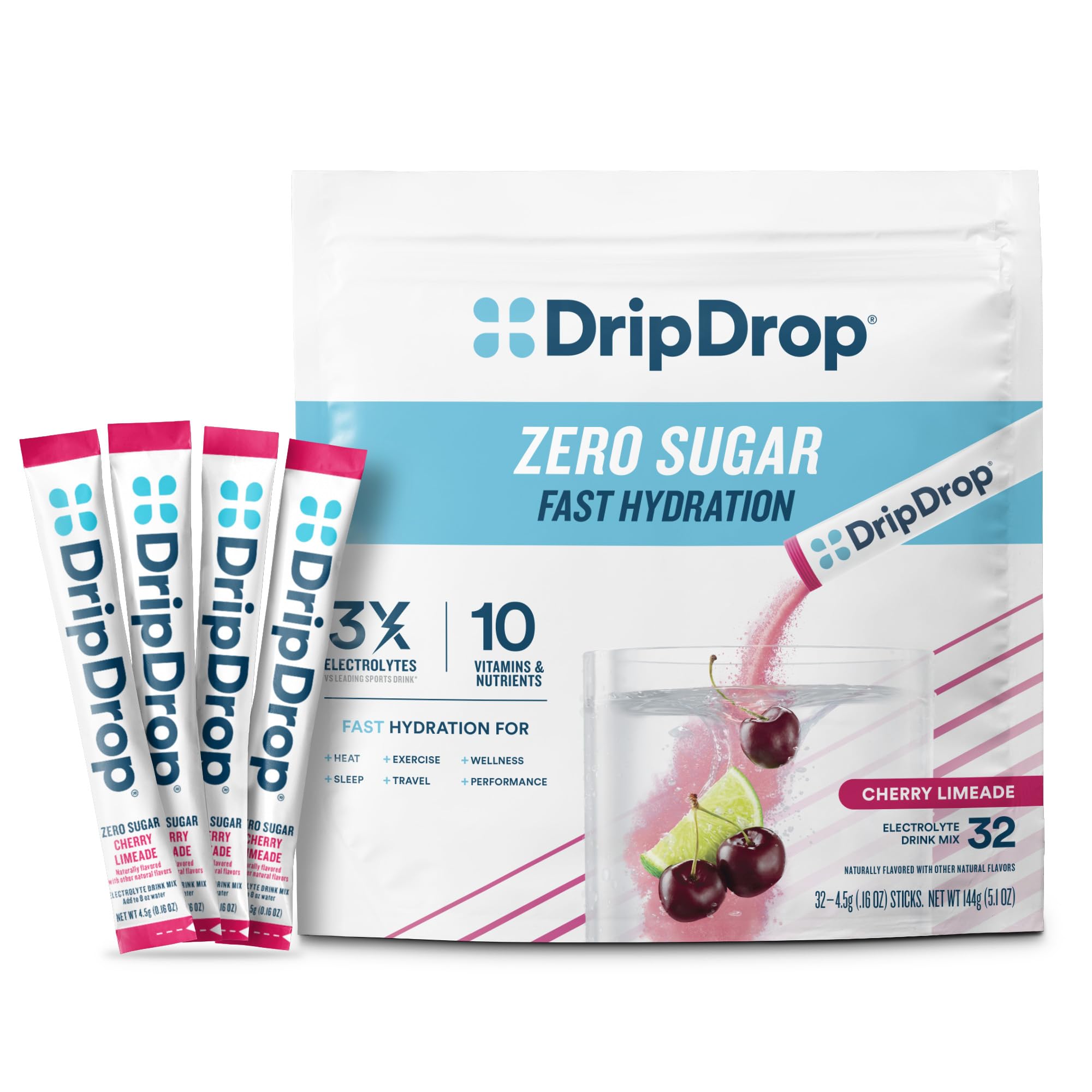 DripDrop Hydration Sugar Free Electrolytes, Cherry Limeade, 32 Count | Zero Sugar Single Serve Powder Drink Mix; 3X Electrolytes, Vitamin C, B Vitamins, Magnesium; Portable Packets for Daily Use