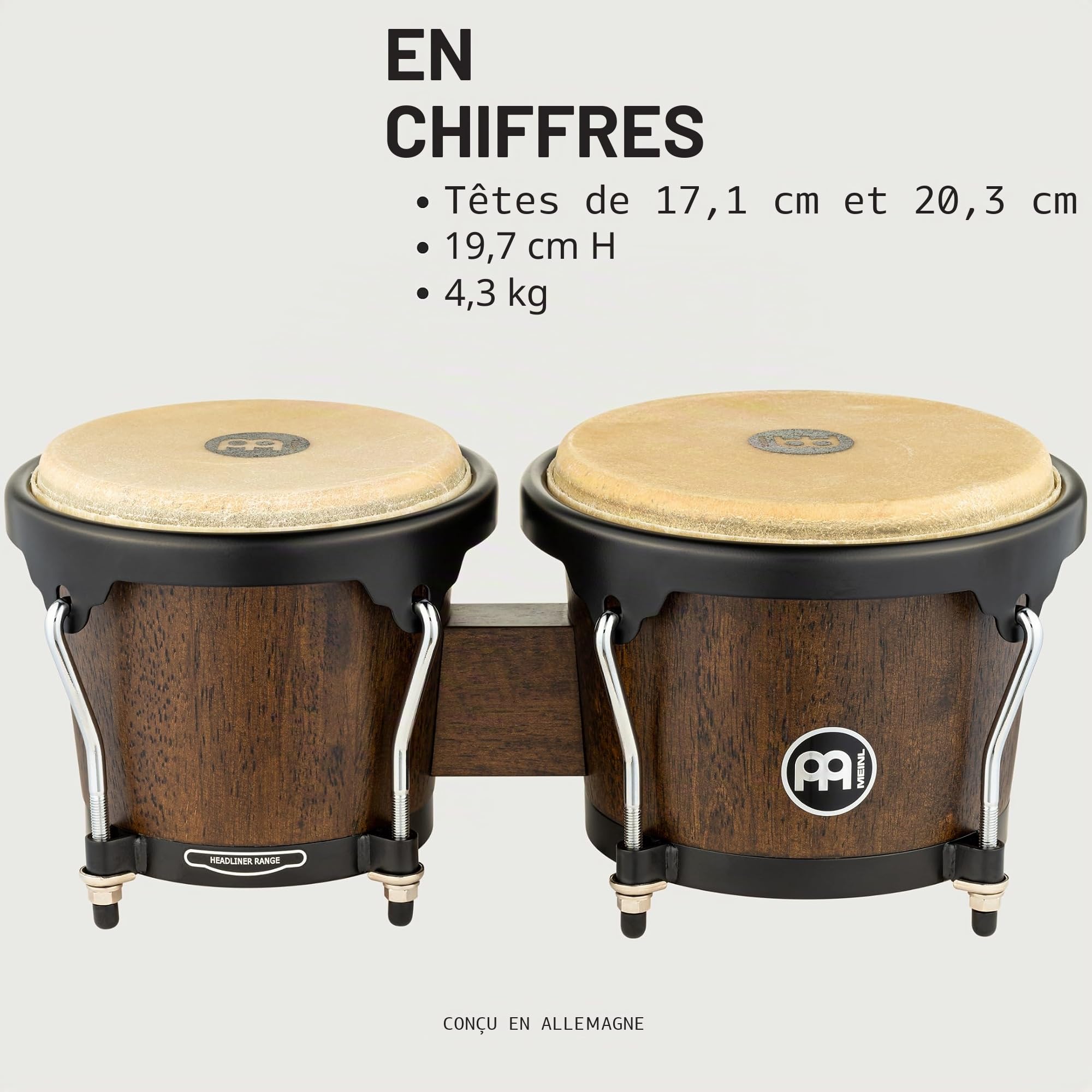 Meinl Percussion Bongos Headliner Wood - deux hand drums de 6,75 et 8 pouces - avec clé d'accord - chêne du Siam, Noir (HB100VWB-M)