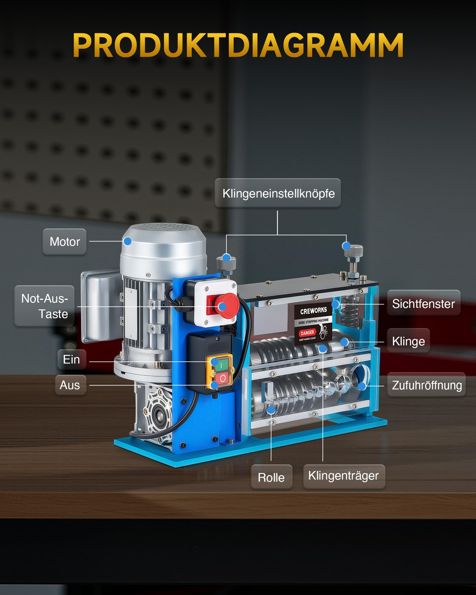 CREWORKS Elektryczna maszyna do ściągania izolacji kabli 550 W (1,5-40 mm) – obieraczka do kabli z 11 otworami i 10 ostrzami, maszyna do usuwania kabli