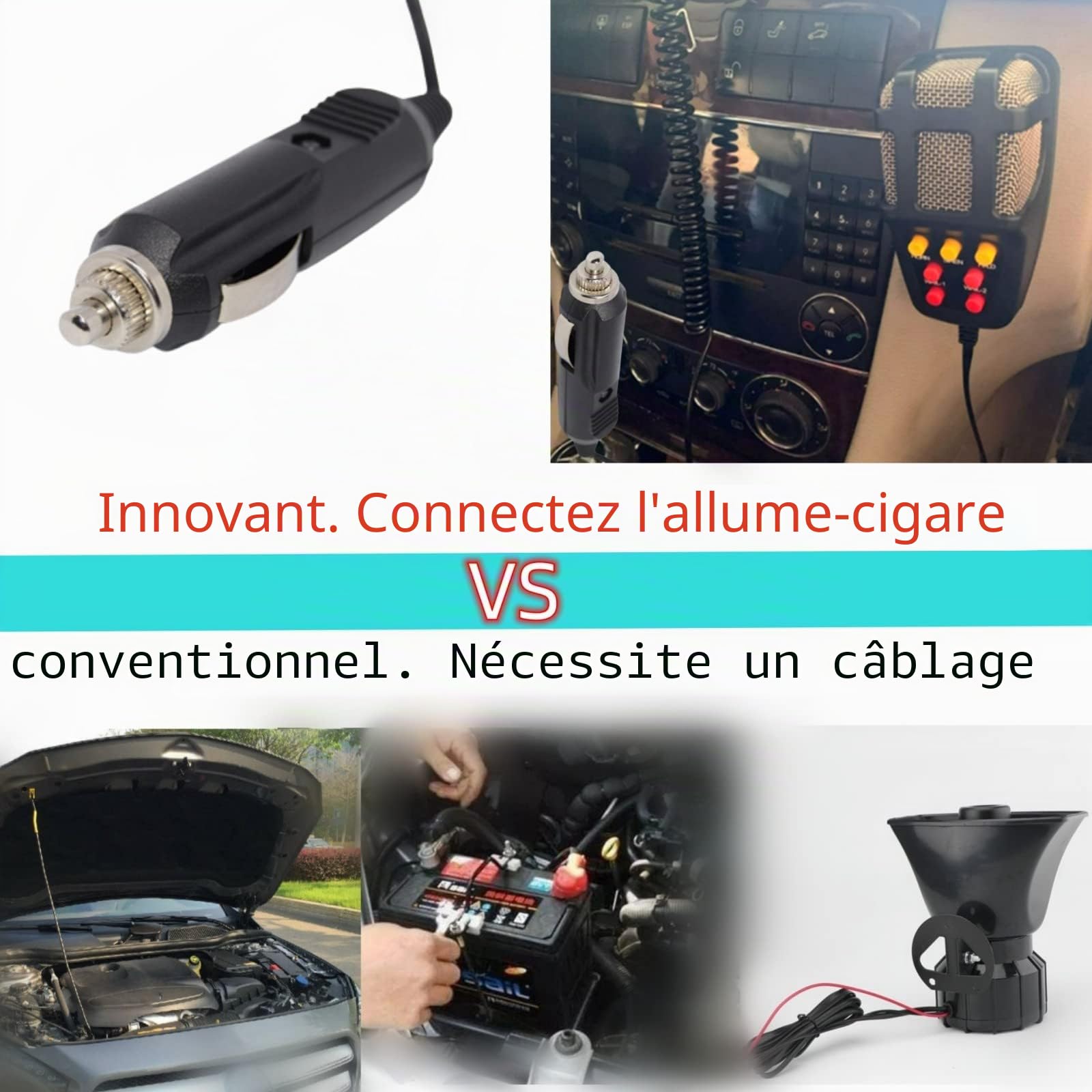 Klaxon de Voiture 130db Avec Connexion Allume Cigare, Trompette de Camion, Sirène Avec Micro, Système de Haut-Parleurs PA 7 Tons pour 12V Voiture Bateau