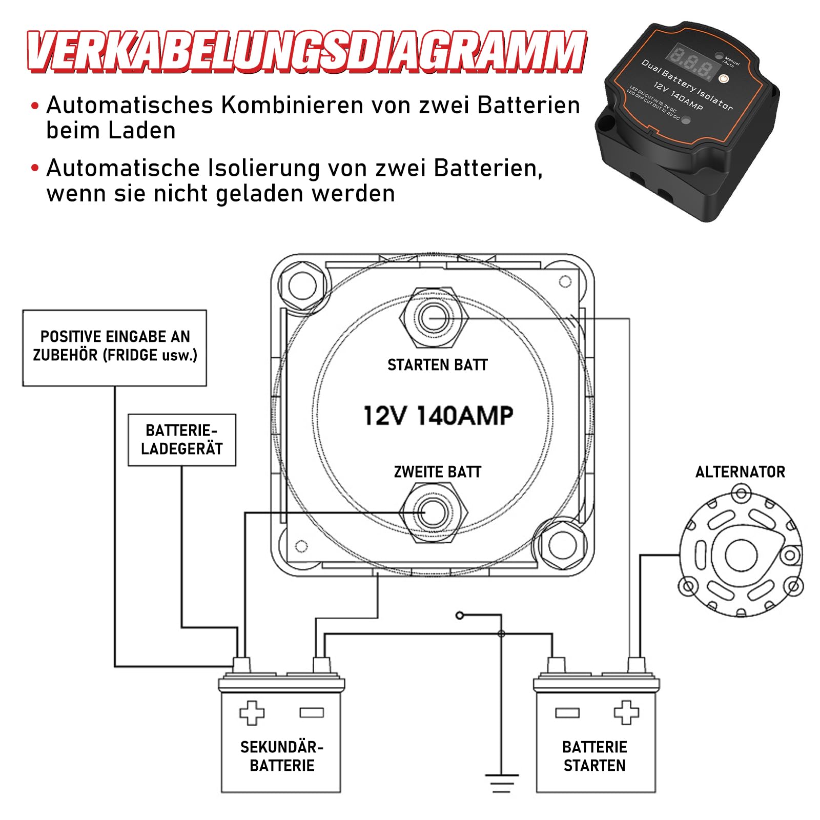 Isolateur de batterie double, 12 V 140 A, relais sensible à la