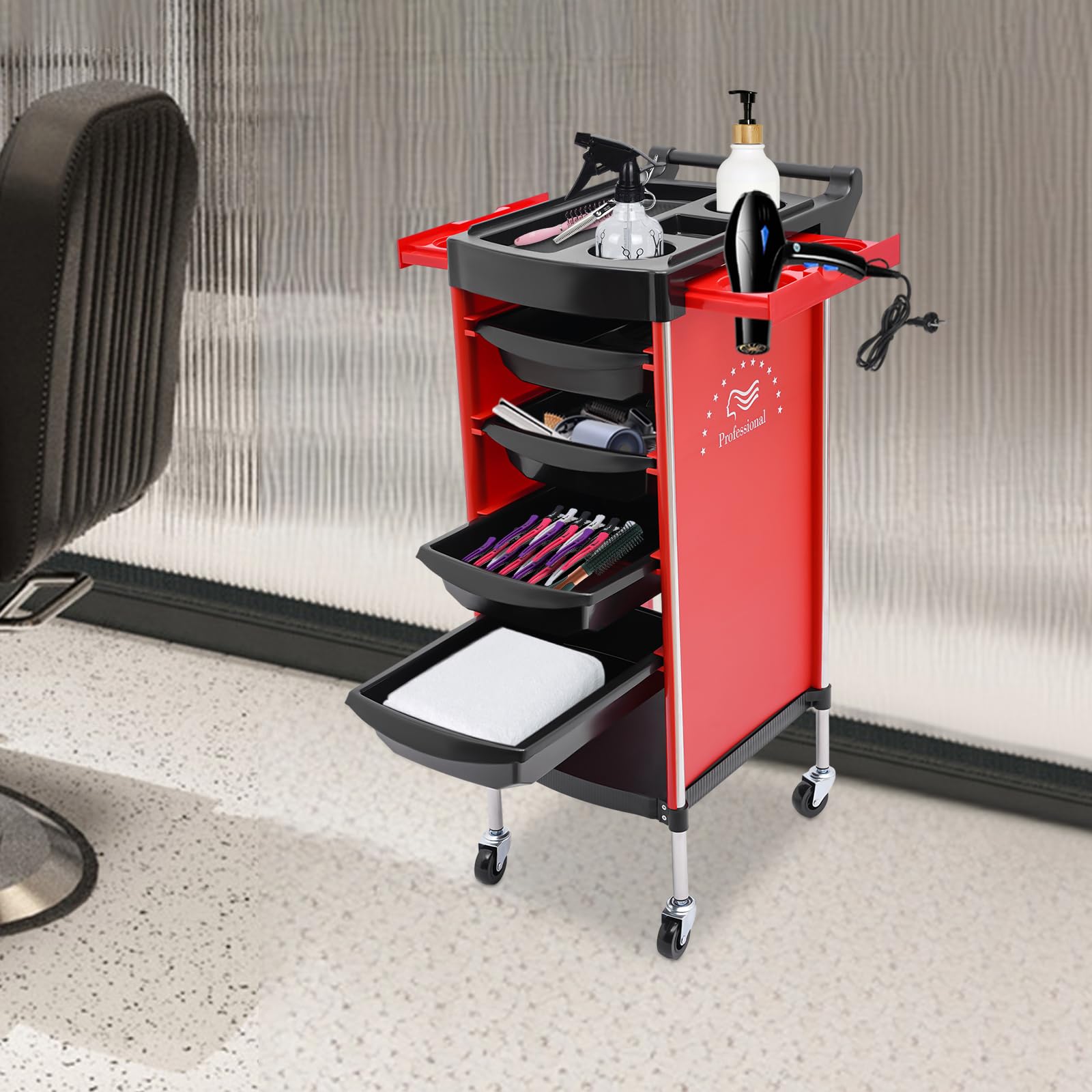 Salonwagen Friseurwagen Mit UniversalräDern,Friseurwagen,Salonwagen Mit 6 Etagen,6-Stufiger Schubladen-Multifunktions-Salonwagen,FüR SchöNheitssalons,Stylist Friseur Haarstyling (Rot)