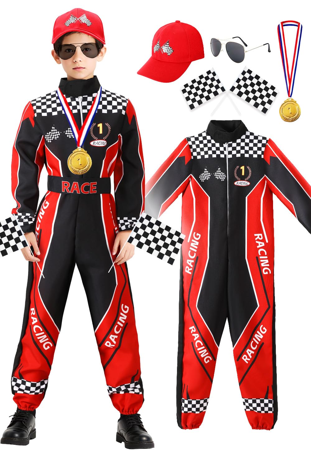 Rennfahrer Kostüm Kinder Race Overall Jumpsuit mit Gläser Medaille Hut Flagge für Halloween Karneval Racer Cosplay