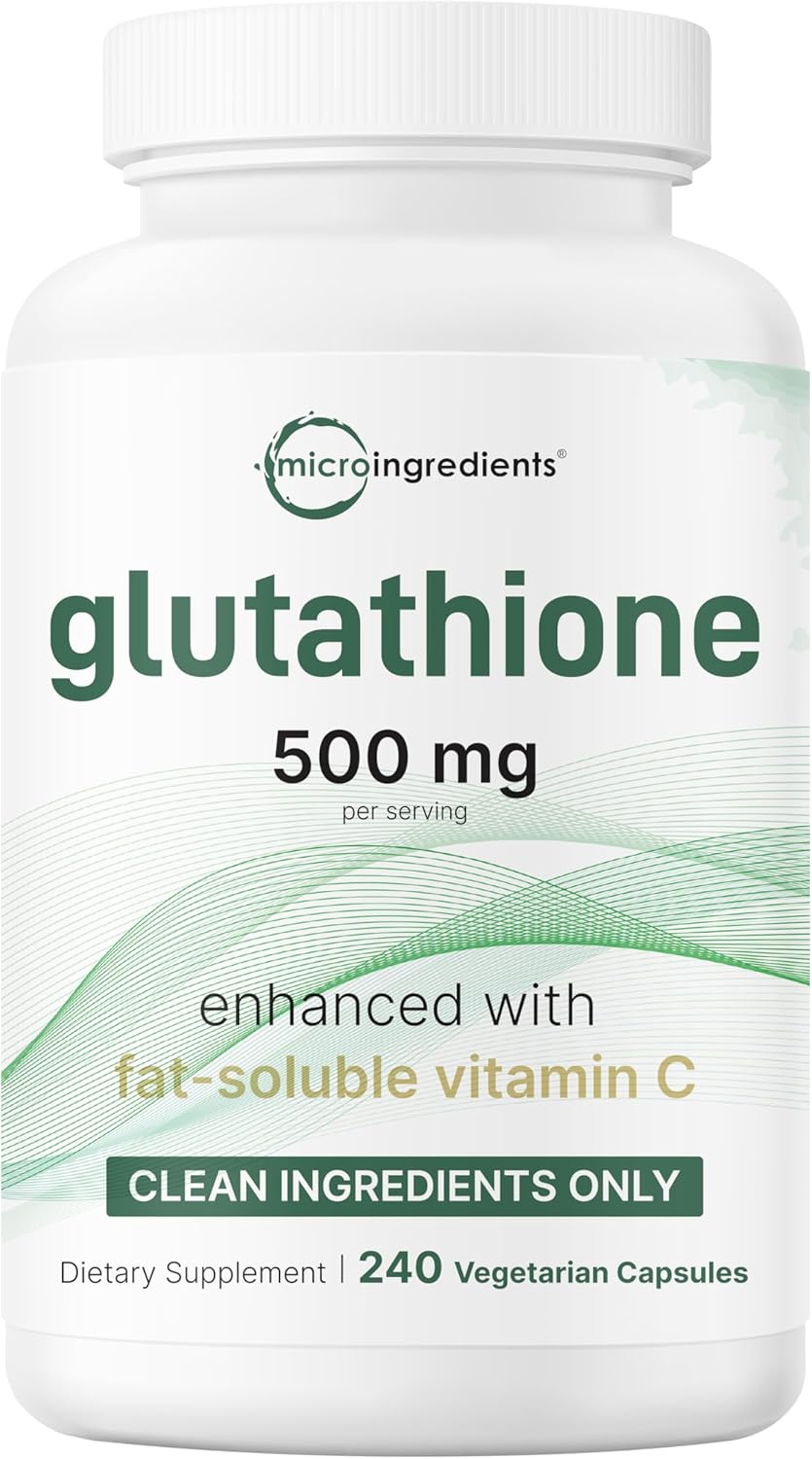 Micro Ingredients Glutathione 500mg with 100mg Vitamin C Supplement, 240 Veggie Capsules | Reduced Glutathione + Fat Soluble Ascorbyl Palmitate Complex | Non-GMO, Filler Free